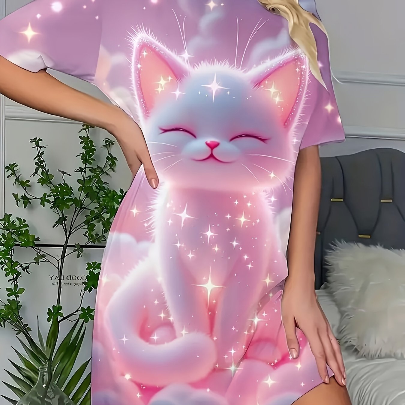 E-shop Bequemes, weiches Freizeit-Nachthemd für Damen mit Rundhalsausschnitt, niedlicher Katzen-Print, kurzärmeliges T-Shirt, langes Kleid, Loungewear