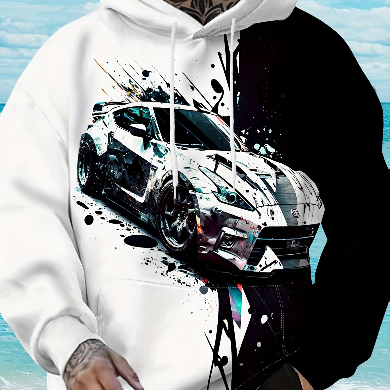 TEMU Men's Plus Size Black And Block 3d High-definition Print Hooded Sweatshirt, Plus Size