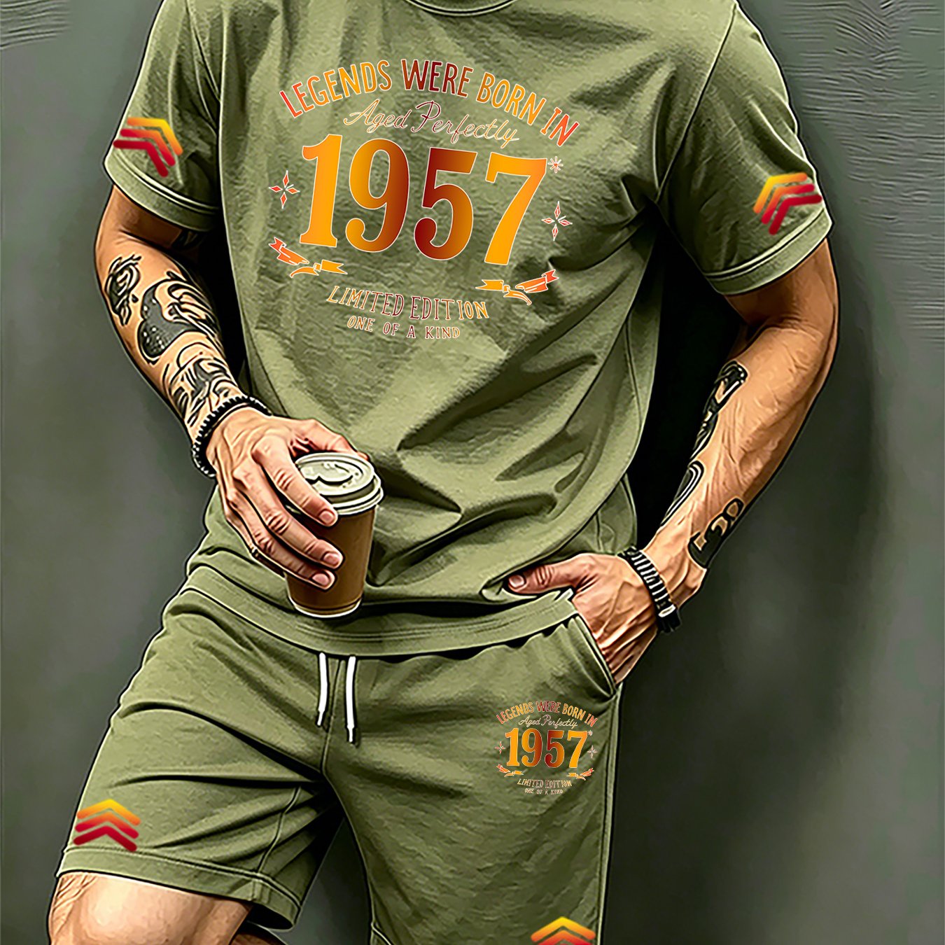 TEMU Men's Casual Sports Short Sleeve And Shorts Set With Born In 1957 Aged Perfectly Print, Comfortable Breathable Quick Dry Outfit, Suitable For