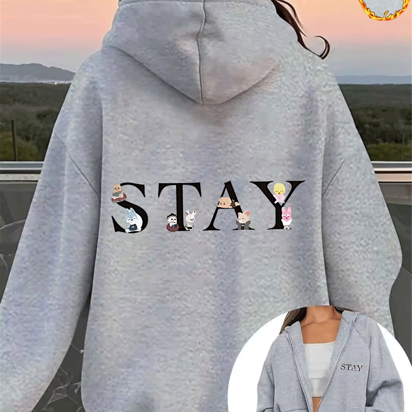 TEMU 1pc Sweat à capuche zippé en pour femme avec motif imprimé de de dessin et lettre STAY, veste d'extérieur toutes , tendance et confortable,