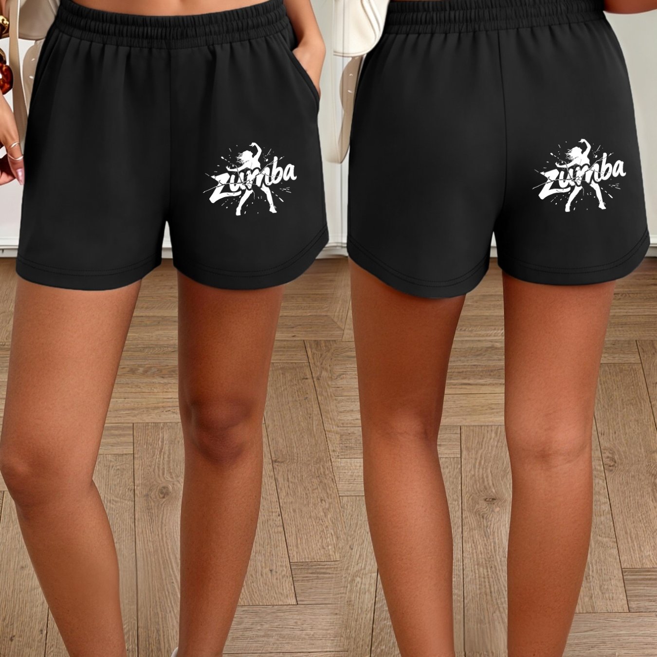 TEMU Women's Dance-themed Pocket Shorts With Dynamic Dance Silhouette Print - Suitable For Dance Practice, Gym & Casual Attire, Machine Washable