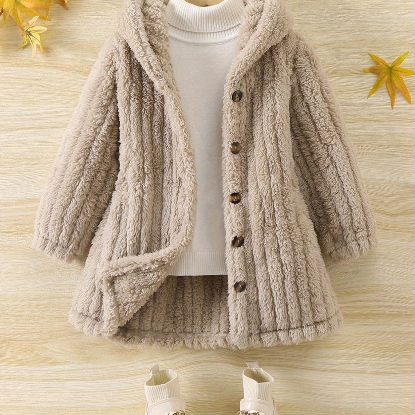 Image of Autumn Winter Girls Solid Button Hooded Fleece Kids Fall Winter Casual Versatile Jacket Children Comfortable Soft Warm Autumn Outerwear Kids Wear Toddler Winter Style Cute Ribbed Faux Fur Top