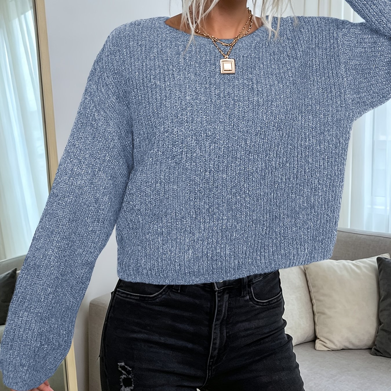 TEMU Pull Femme Automne Hiver Col Rond Manches Longues - Design Manches Droites, Haut Court, Tissu de Haute Qualité, et Confortable, Tendance et