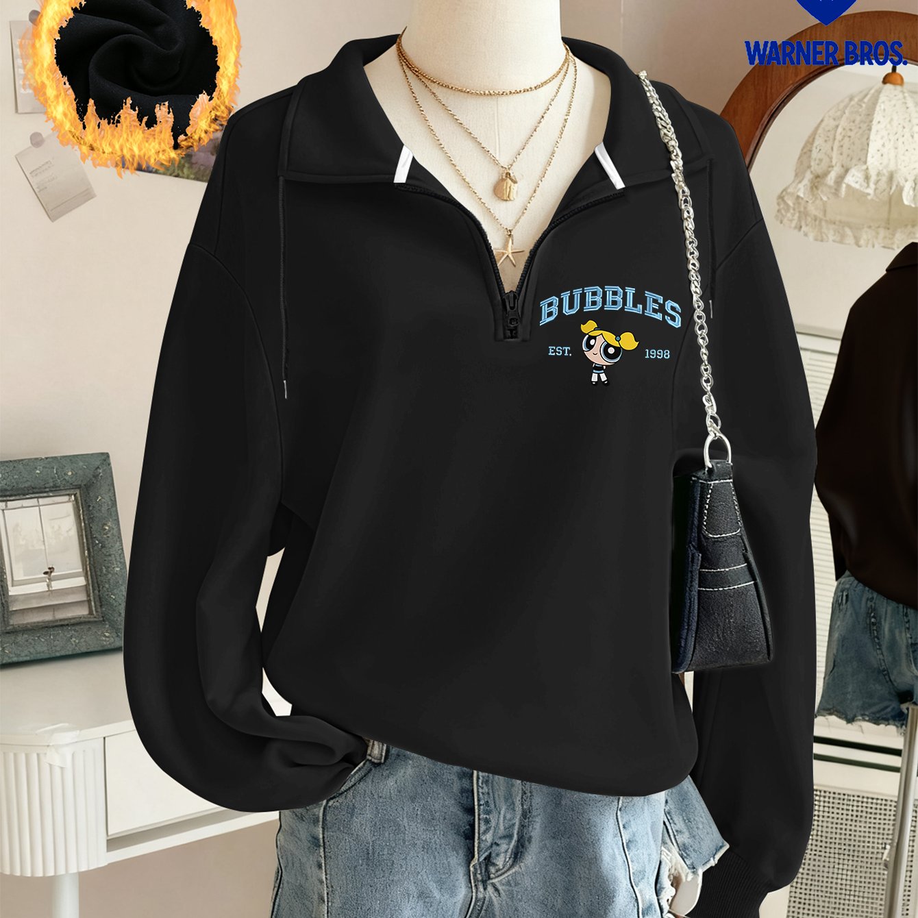 TEMU Officially -licensed The Powerpuff "bubbles" Text & Bubbles Cartoon Women's Stand-collar Sweatshirt, Casual New Autumn & Winter Women's Casual