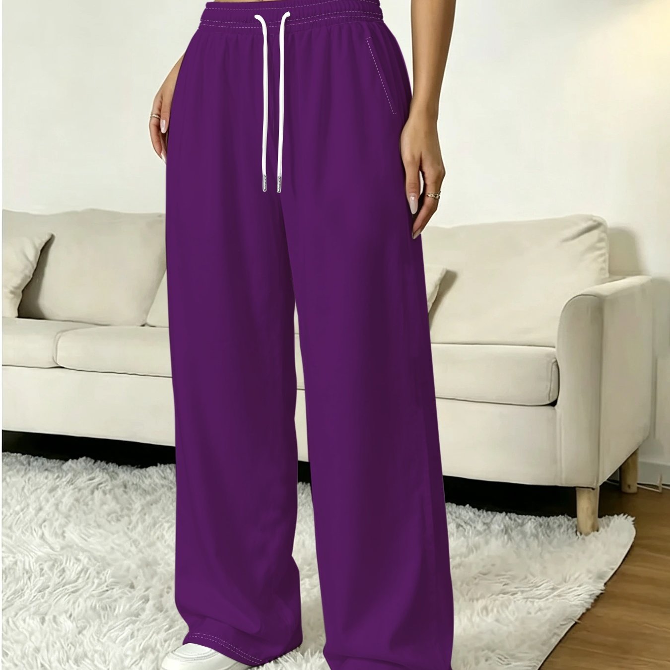TEMU Women' Size Drawstring Pants, Deep Purple Elastic High-waist Wide-leg Trousers, Solid Color Flowy Straight Sweatpants For Street Style Casual
