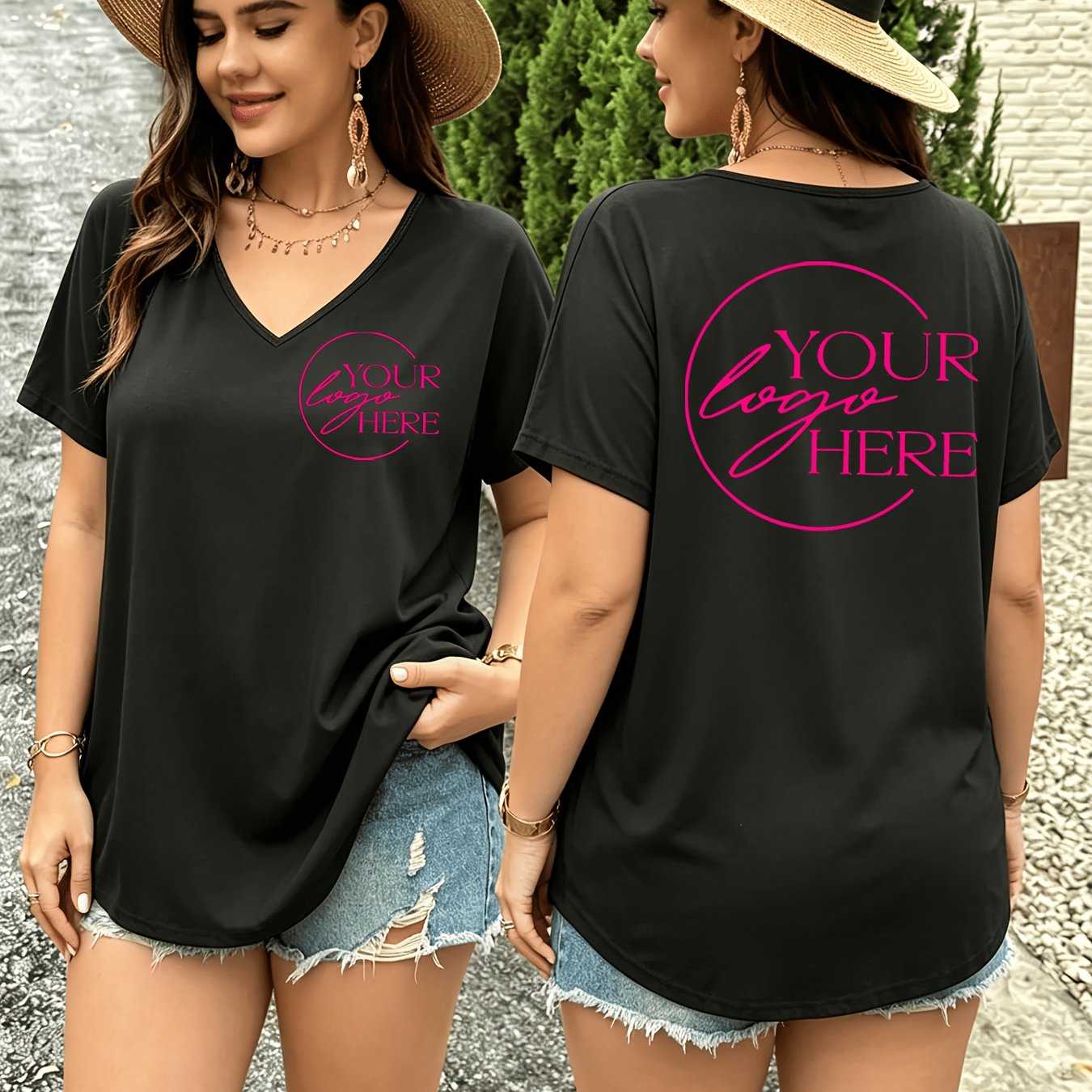 TEMU Plus Size - Plus Size - Custom-made Plus Size Fashion Women's Plus Size V-neck Short-sleeved Top----2 Sides