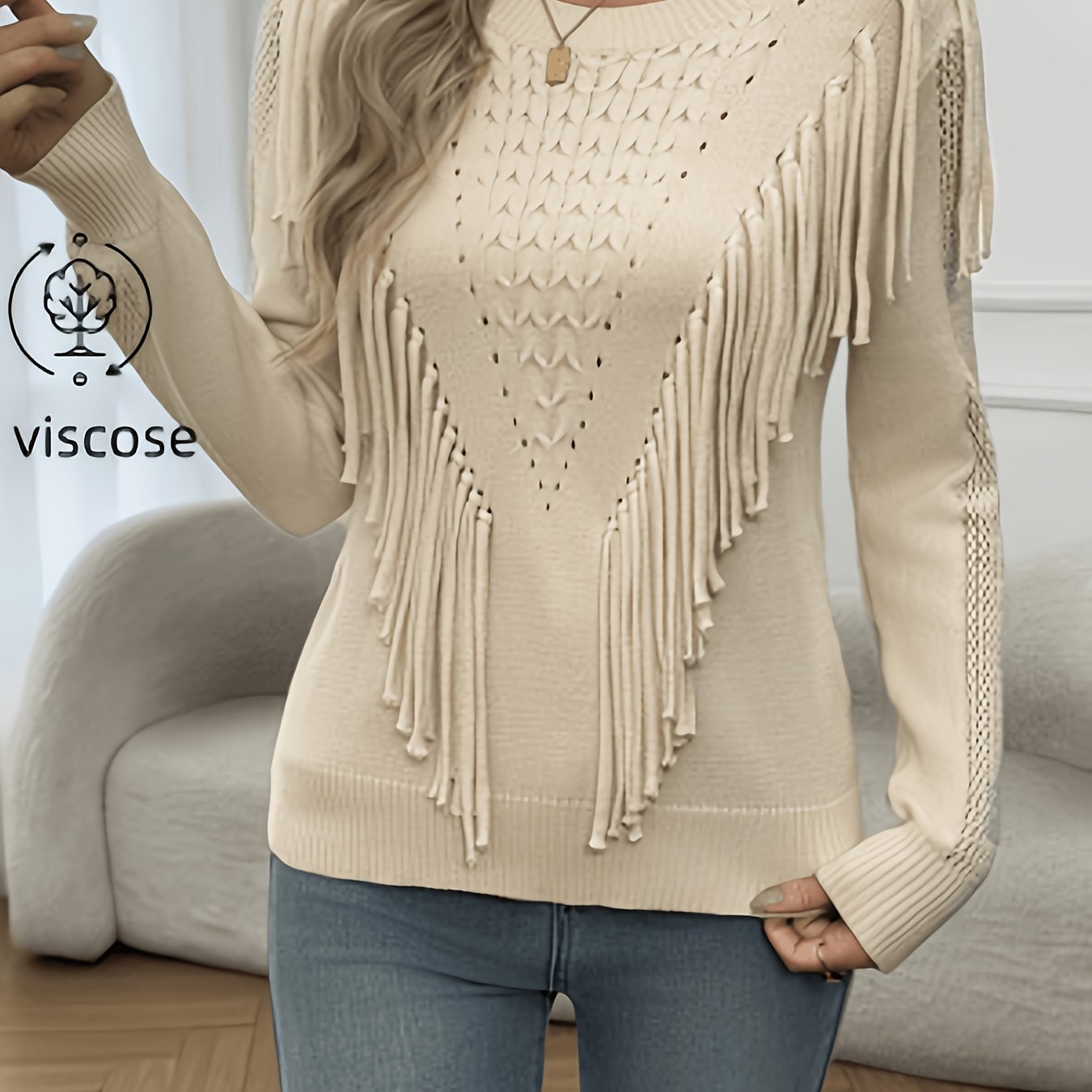 TEMU Cat's Ears ( Cat-ear Shaped Bread) Directional Spring/summer New Women's Fringe Elegant Round Neck Long Sleeve Shirt Hollow Crochet Top
