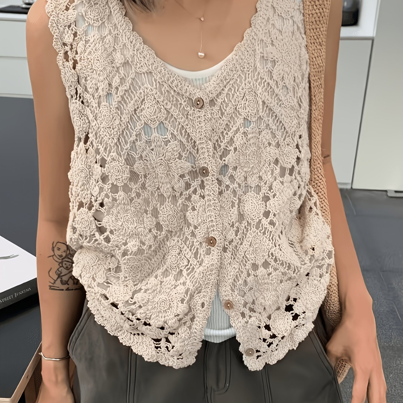 TEMU レディース ハンドメイド かぎ針編みレーストレース 中抜きベスト 春夏 ゆったりノースリーブタンクトップ 重ね着用ショートカーディガン