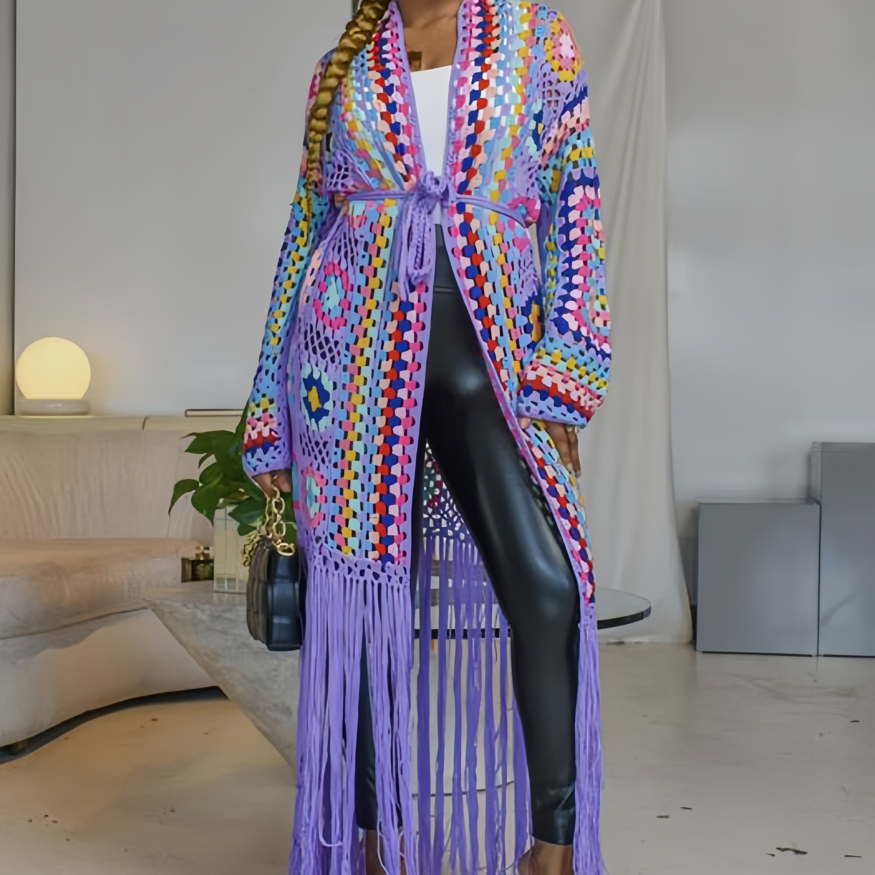 Kuva tulossa: TEMU Strick-Cardigan mit offener Front für Damen, lässiger, langärmeliger, hohler, gehandstrickter Langmantel mit Quasten für Damen, Bademantel,