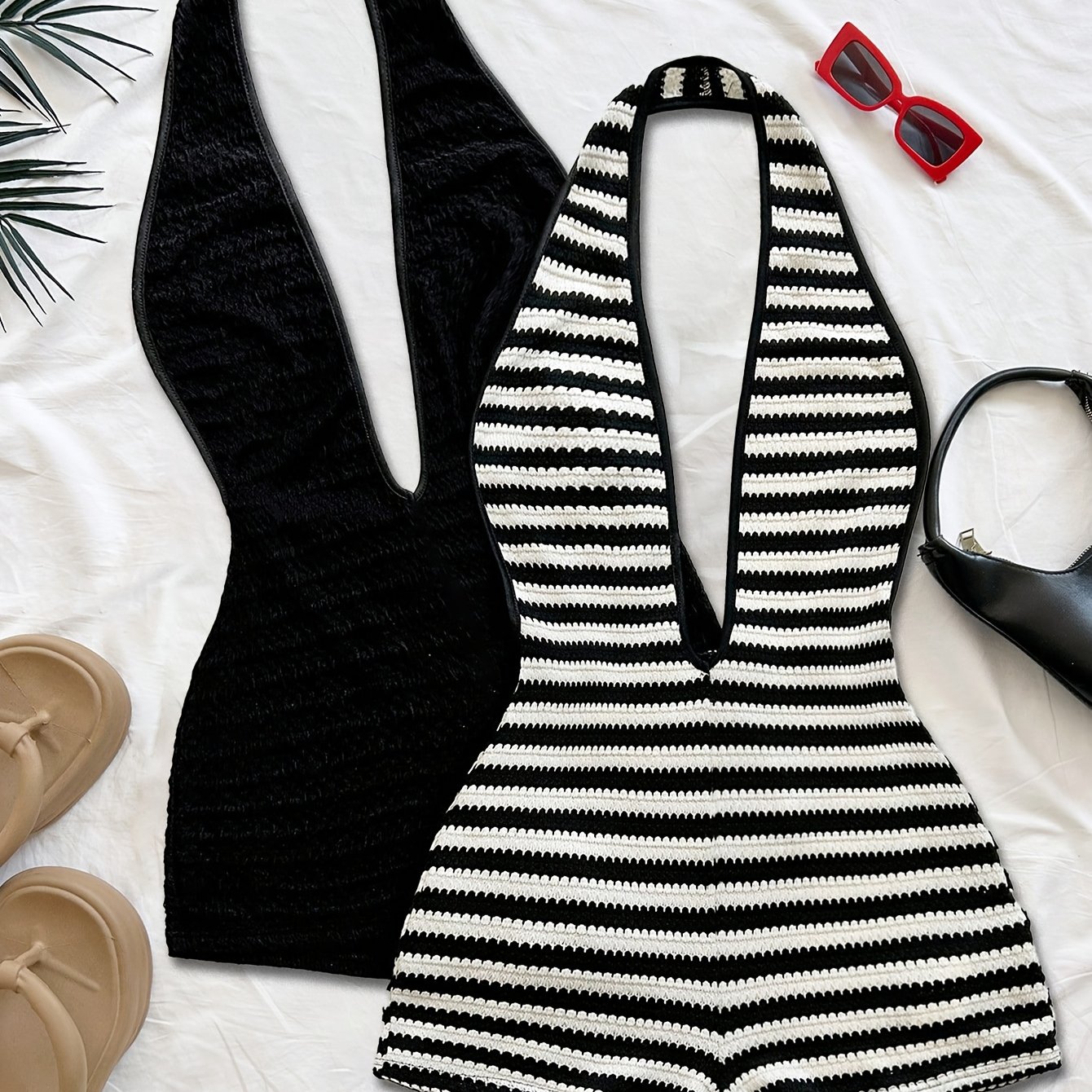 TEMU 2pcs Set Women's /summer Deep V Halter Neck Jumpsuit, Sexy Backless Striped Romper Shorts, Elegant Waffle Jumpsuit
