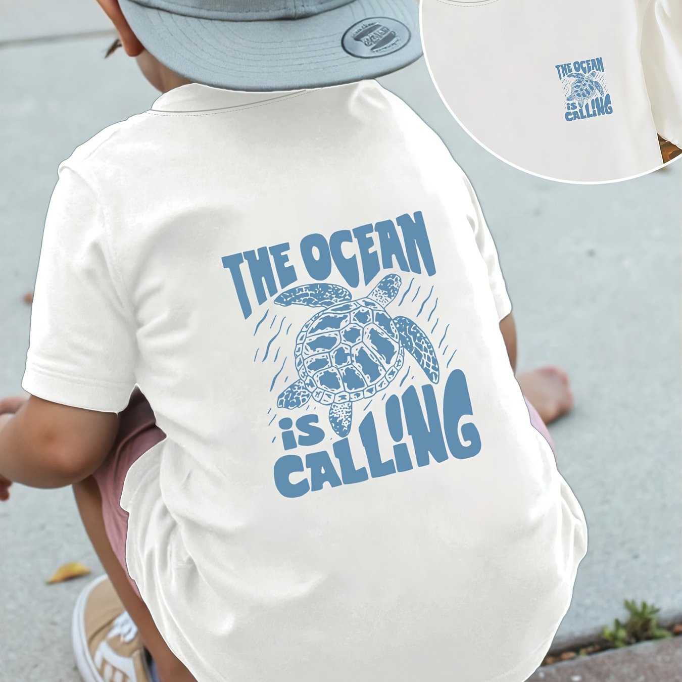 Image of Summer Boys' Fashion Casual Round Neck Short Sleeve T-shirt " Is Calling" Sea Turtle Print Boys' Clothing Front And Back Print T-shirt Top