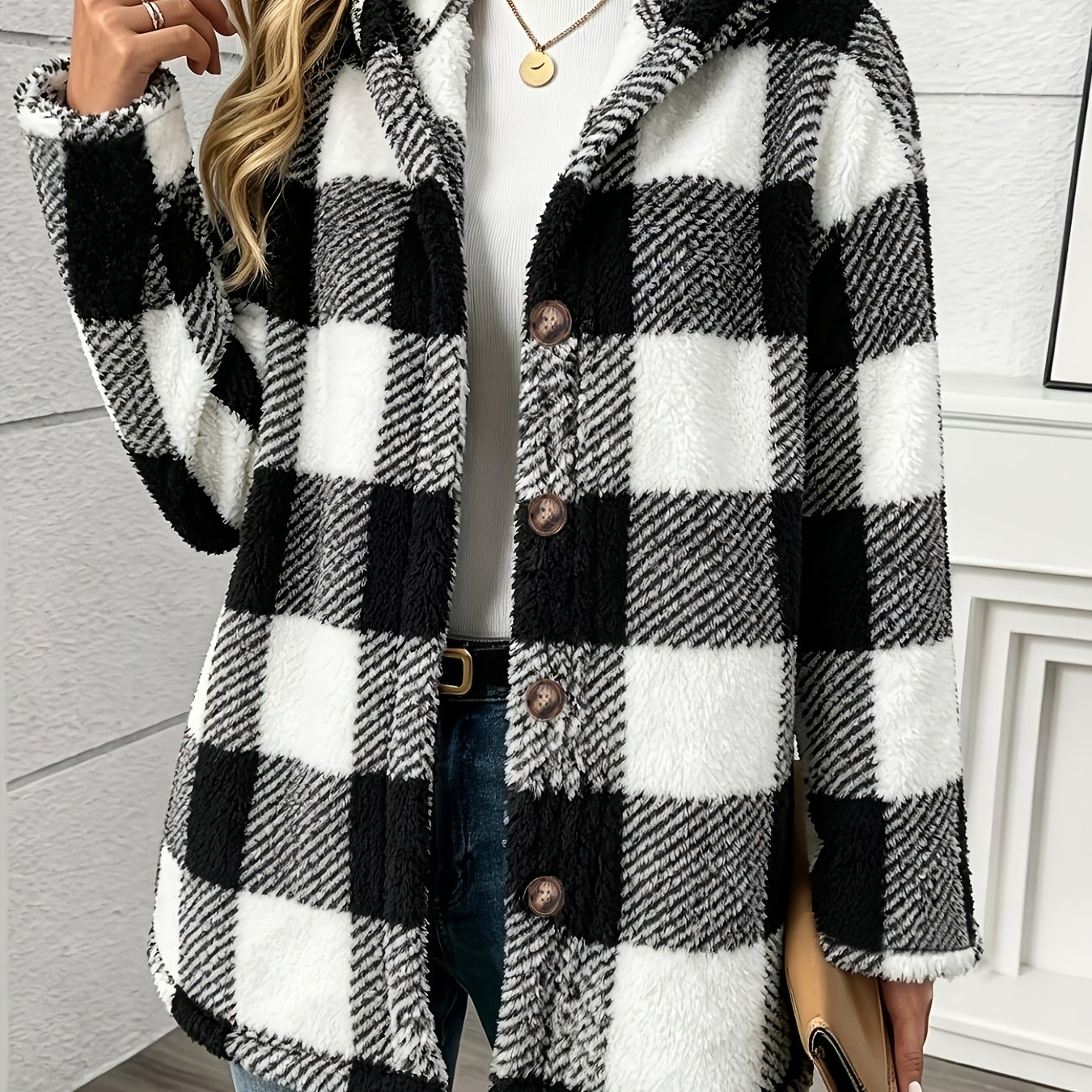 TEMU 2026 Autumn Winter New Product, Women's Winter Fleece Jacket, Women's Buffalo Check Printed Mid-length Hooded Sweatshirt, Long Sleeve, Front