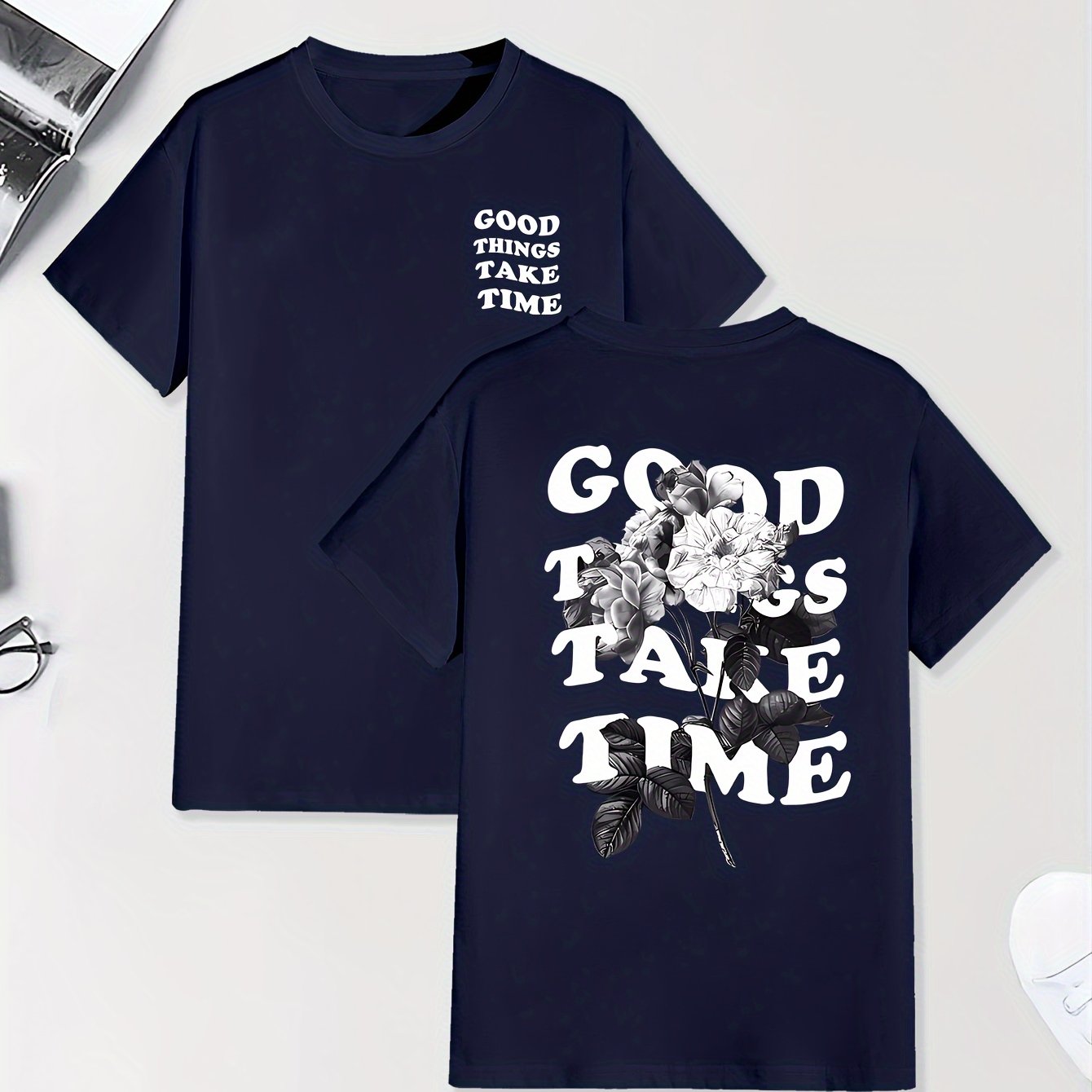 TEMU Mannen Goede Dingen Komen Met Geduld Print Korte Mouw T-Shirts, Comfortabele Casual Elastische Ronde Hals Tops Voor Mannen Buitenactiviteiten