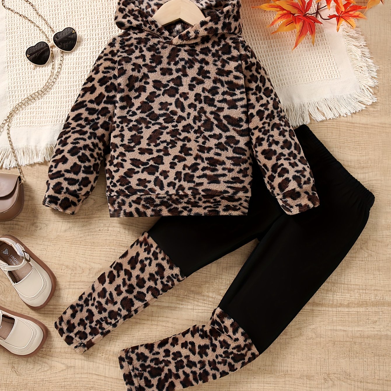 Image of Autumn/winter Coral Leopard Print T-shirt Hooded Sweatshirt Long Sleeve + Contrast Color Long Pants Two-piece Set, Warm, Casual, And Comfortable