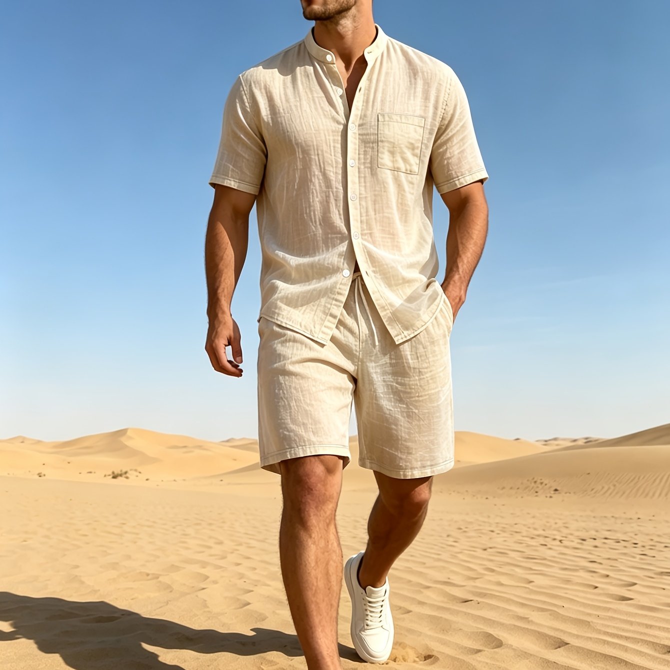 Image of Men's New Linen Short Sleeve Shirt And Solid Color Shorts Set, Loose All-match Beach Vacation Easy Shirt And Shorts, Holiday Hawaiian Casual Walking