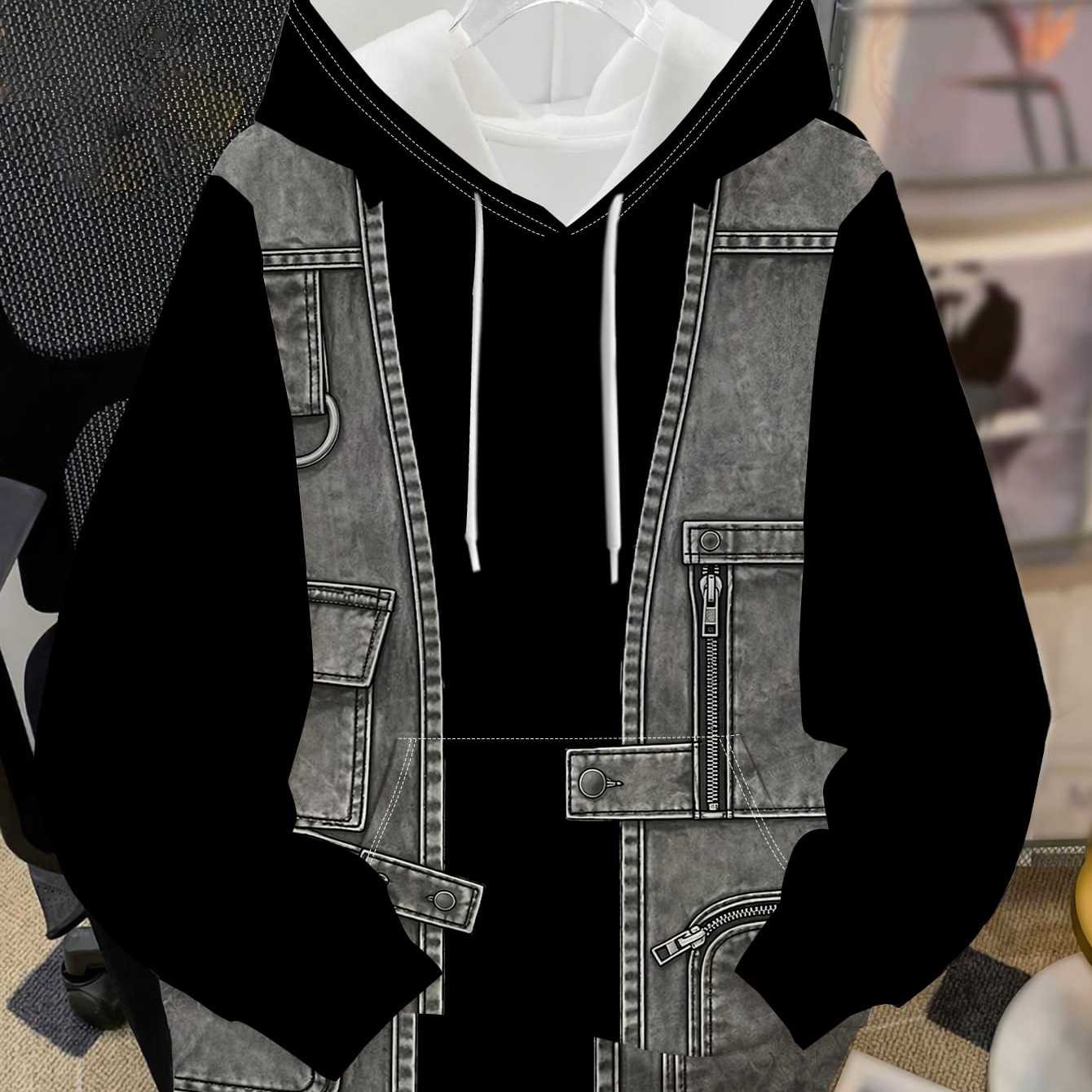 TEMU Men's Two-piece Denim Vest Print Hooded Sweatshirt, Trendy Individual Two-piece Design Casual Daily Pullover Top, Style Youth All-match Hoodie
