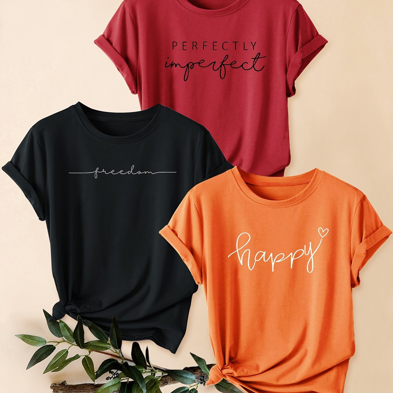 TEMU 3pcs Set, Letter English Fashion Retro Style Women's Casual Athletic Style Round Neck Short Sleeve T-shirts