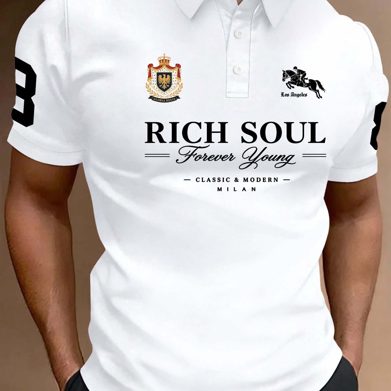 TEMU Western Adult Men's Urban Trendy Style, Shield Equestrian Mark Irregular Layout English Print, Lapel Short Sleeve
