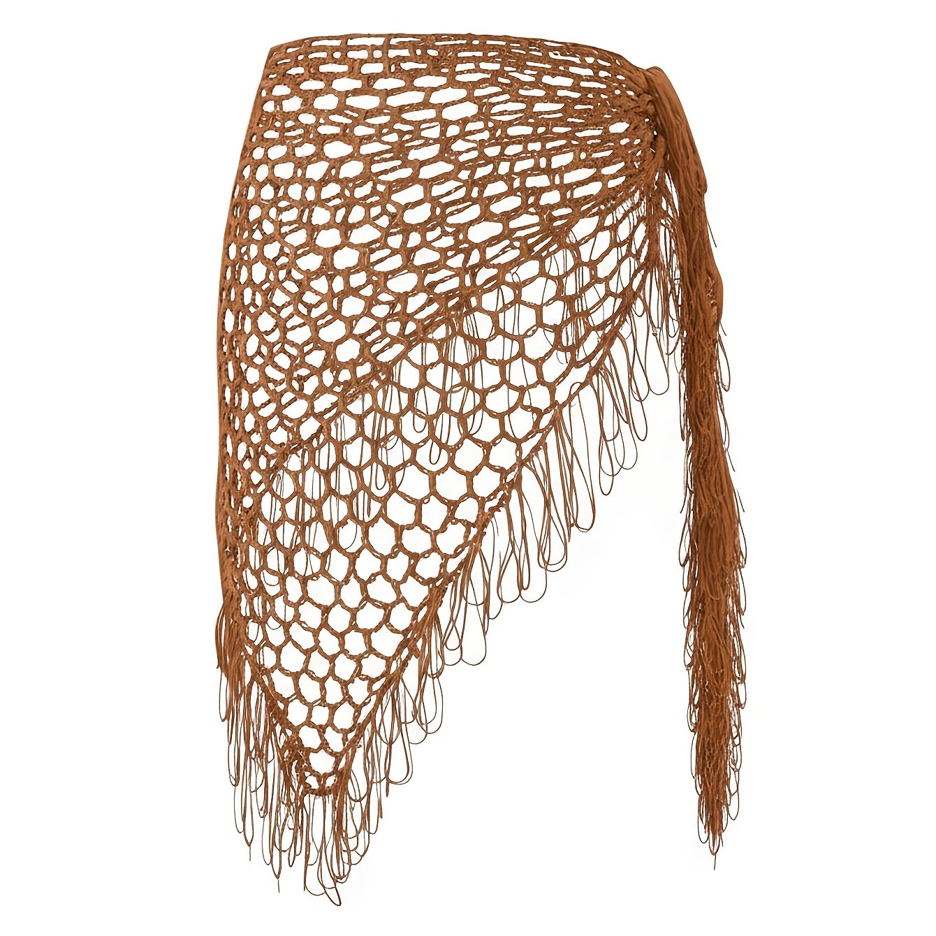 TEMU Women's Bohemian Cutout Beach Wrap Dress - Camel Fringe Cowl, Semi--up With Handmade Crochet Lace Detailing, Lightweight Vacation Dress For