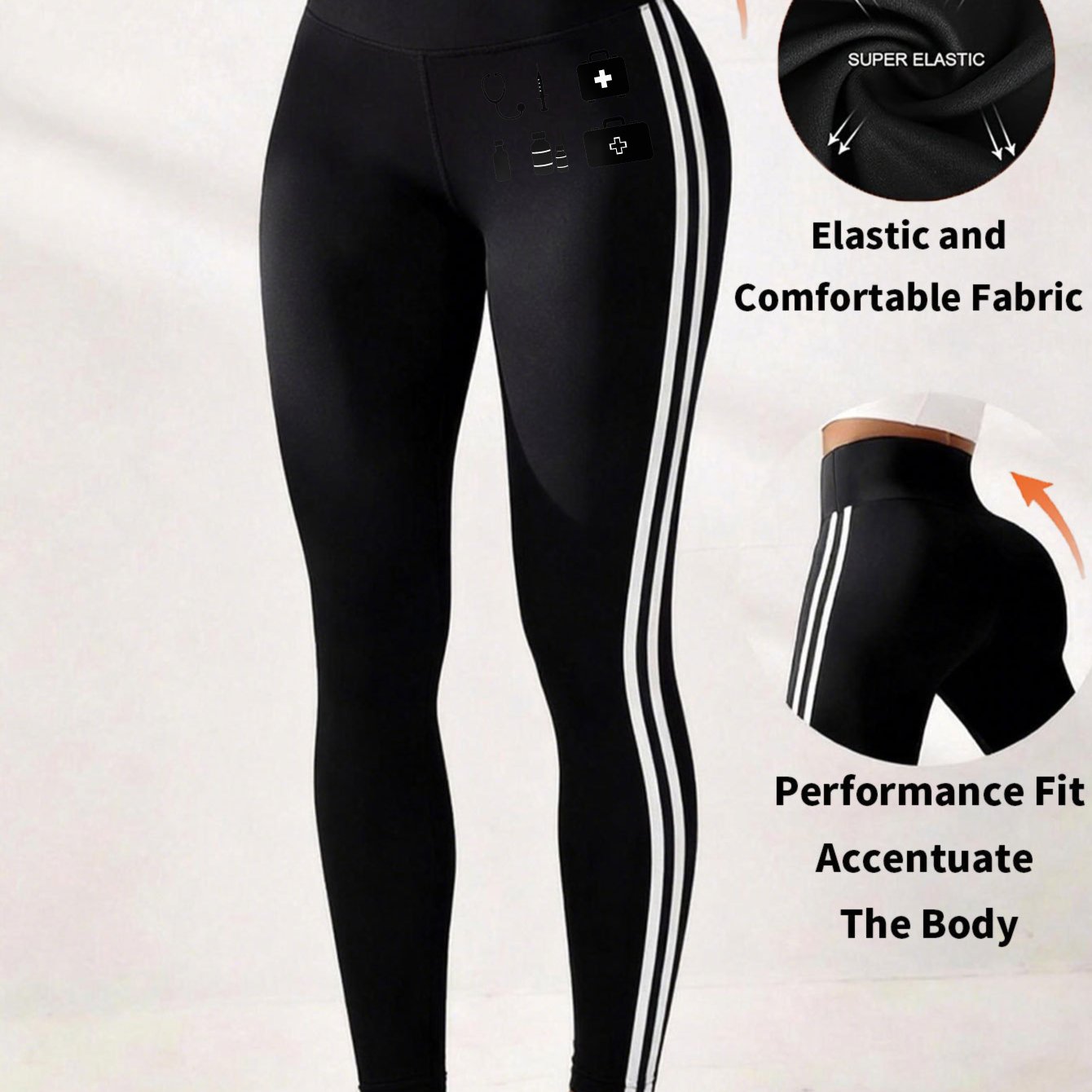 TEMU Women's Printed Yoga Pants Leggings With 2 White Side Stripes And Vertical Bars, High Elasticity, Suitable For Fitness, Yoga, And Sports Printed
