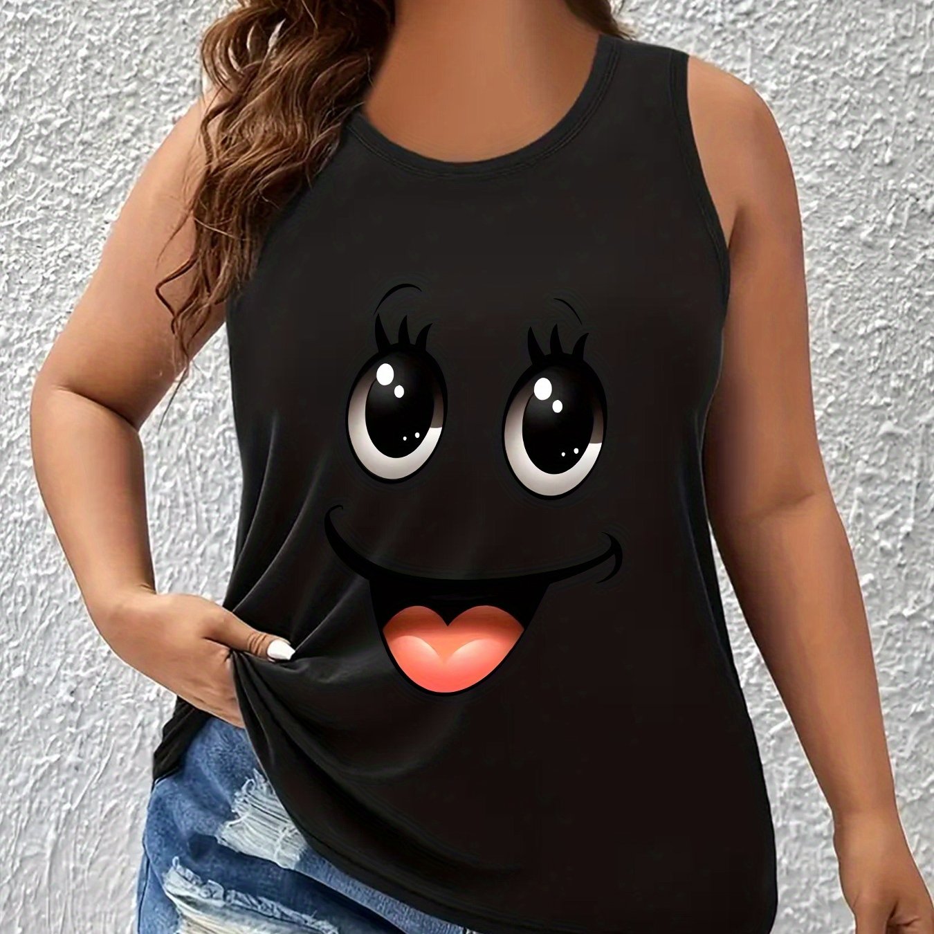 TEMU Plus Size - Plus Size - Trendy Oversized Cartoon Print Round-neck Tank Top