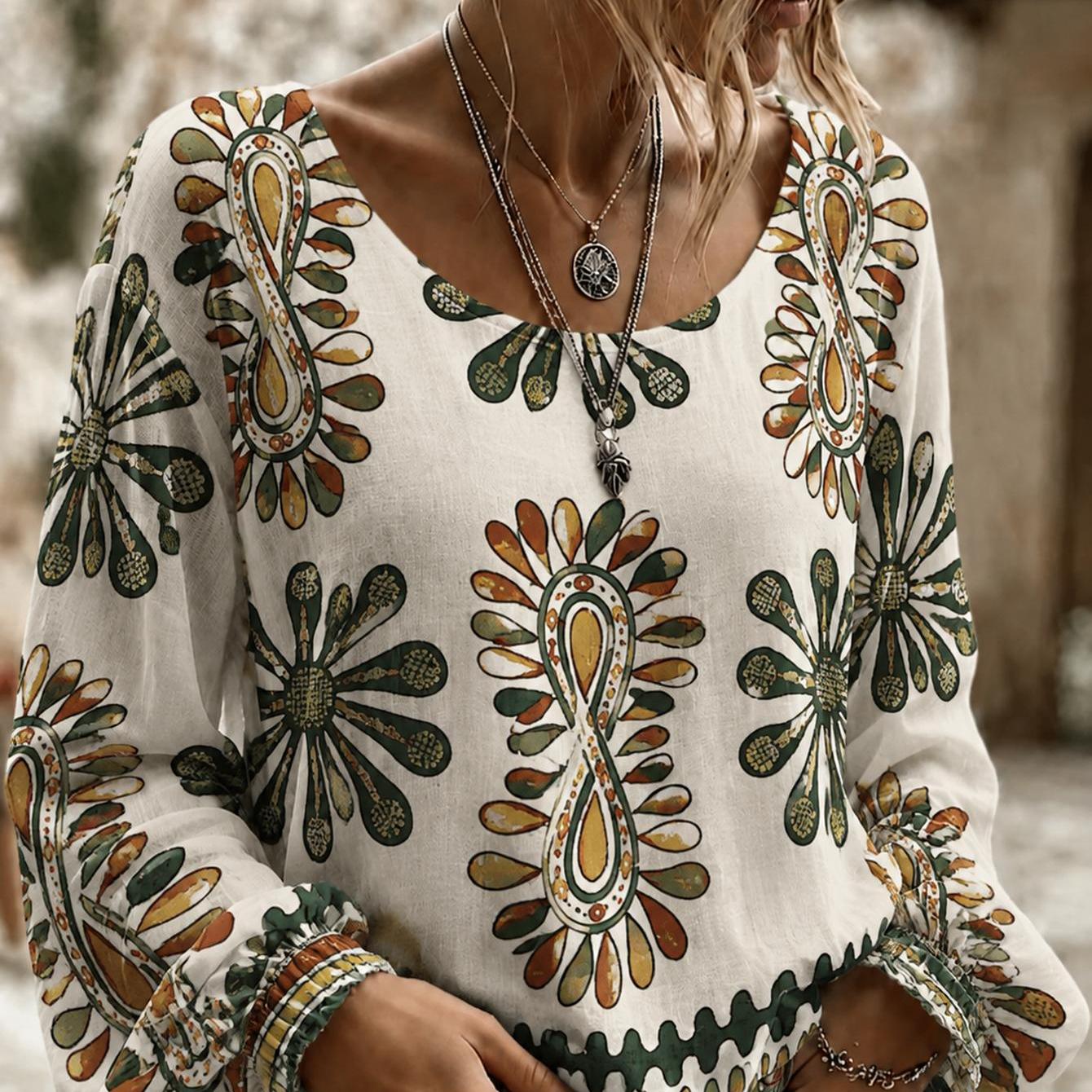 Plus Size, Plus Size Women's Long Sleeve Shirt Boho Floral Print Long Sleeve Blouse Women's Loose Fit Round Neck Top Summer Casual Shirt For A Birthday.loose Casual Loungewear For Daily & Vacation