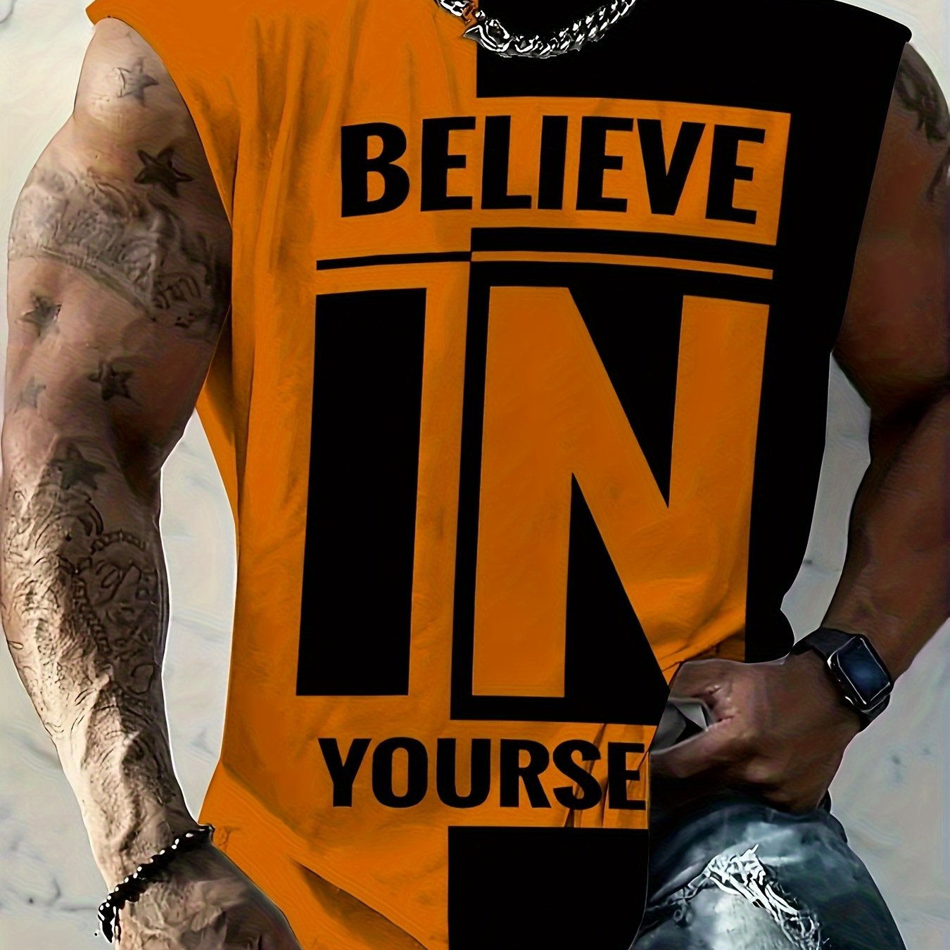 TEMU [print Design - Not Textured] Men's "believe In Yourself" Motivational Sleeveless T-shirt - Gym Basketball Training Top, Breathable -spandex