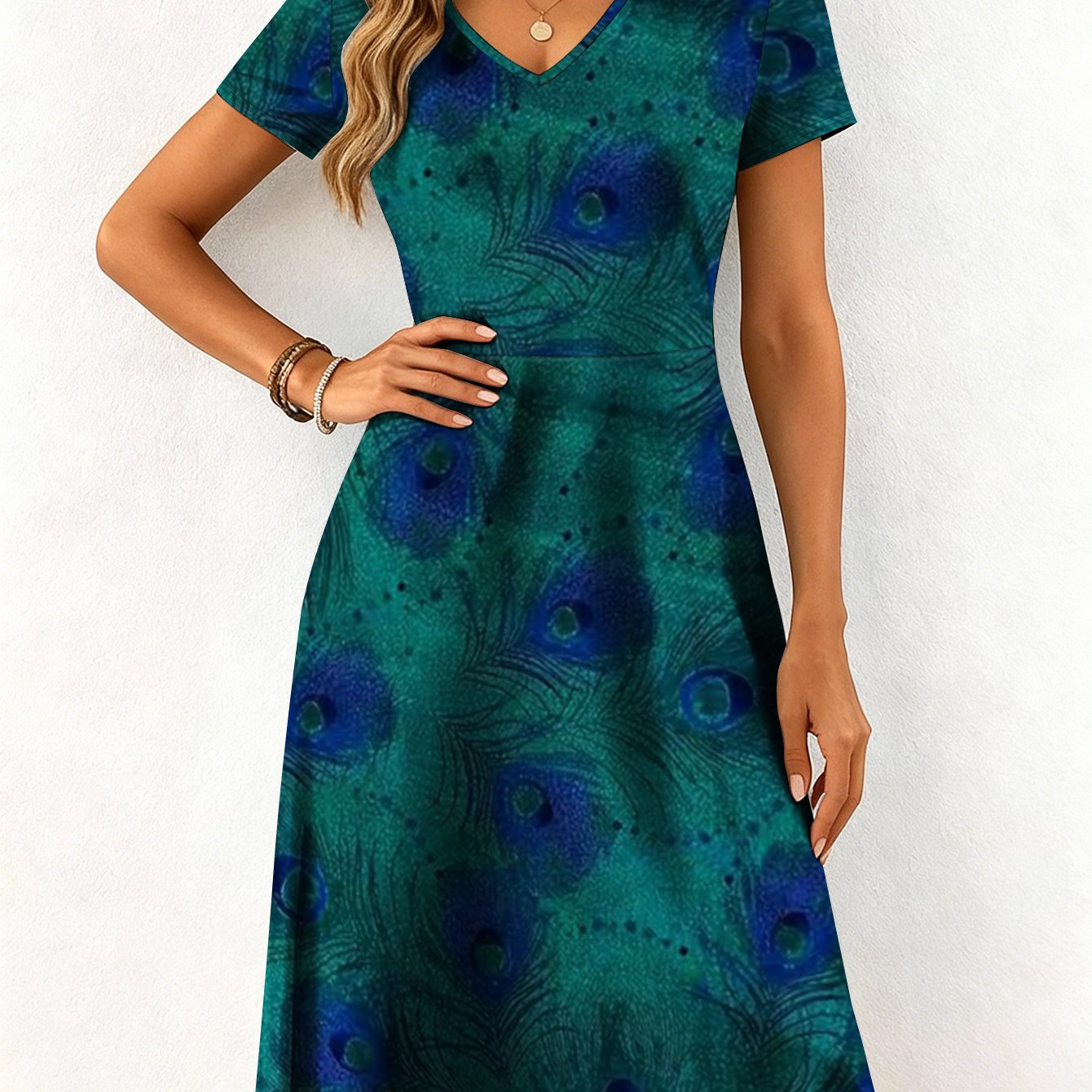 Image of Plus Size - Plus Size - Plus Size- Women's V Neck Short Sleeve A Line Dress, Elegant Trendy Peacock Print Mini Dress, Women's Dress For Casual , Curvy Plus Size Women Clothing