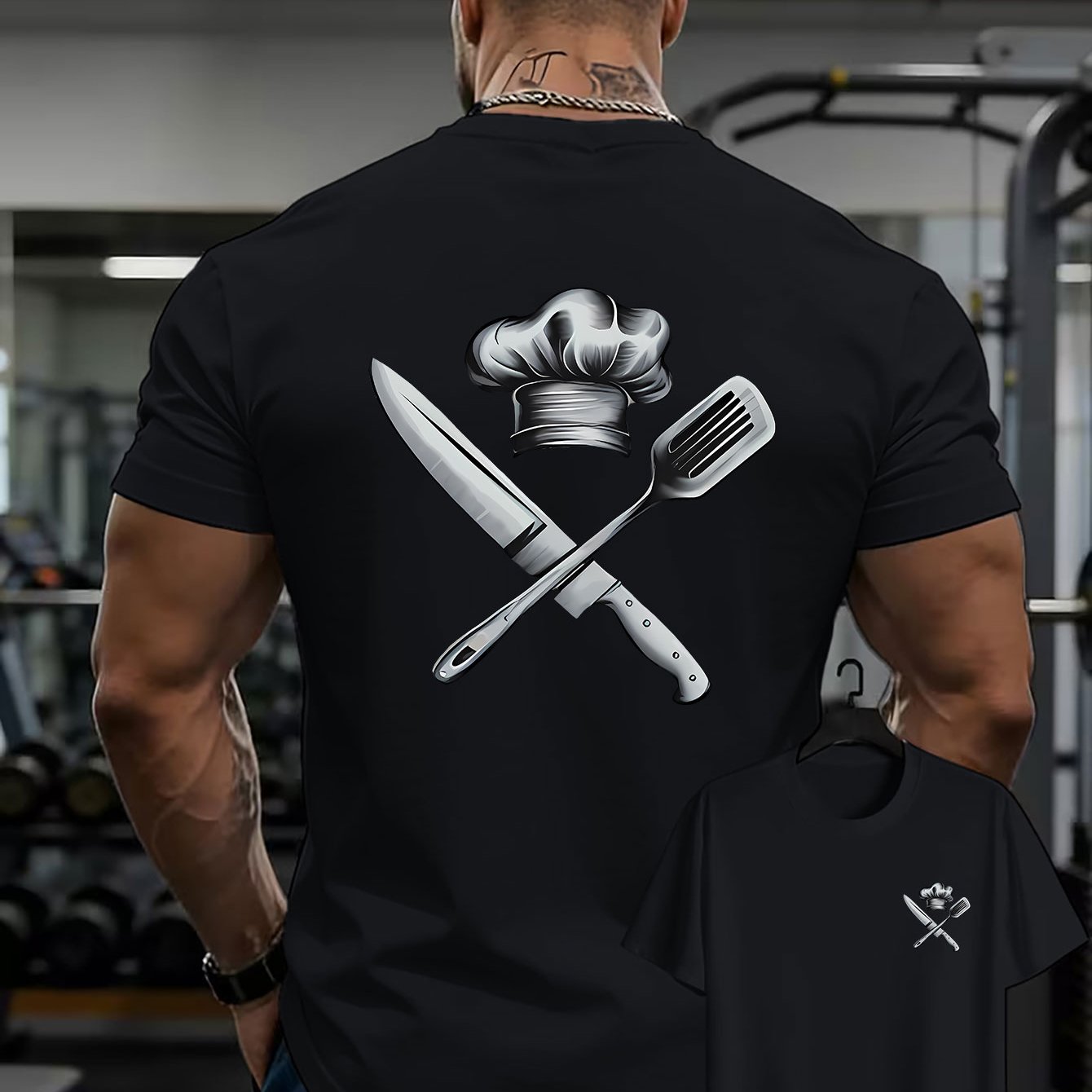 TEMU Men's Casual T-shirt With Double-sided Front And Back Graphic Print, Comfortable And Breathable, Vintage Hand-painted Chef Hat And Knife Print -
