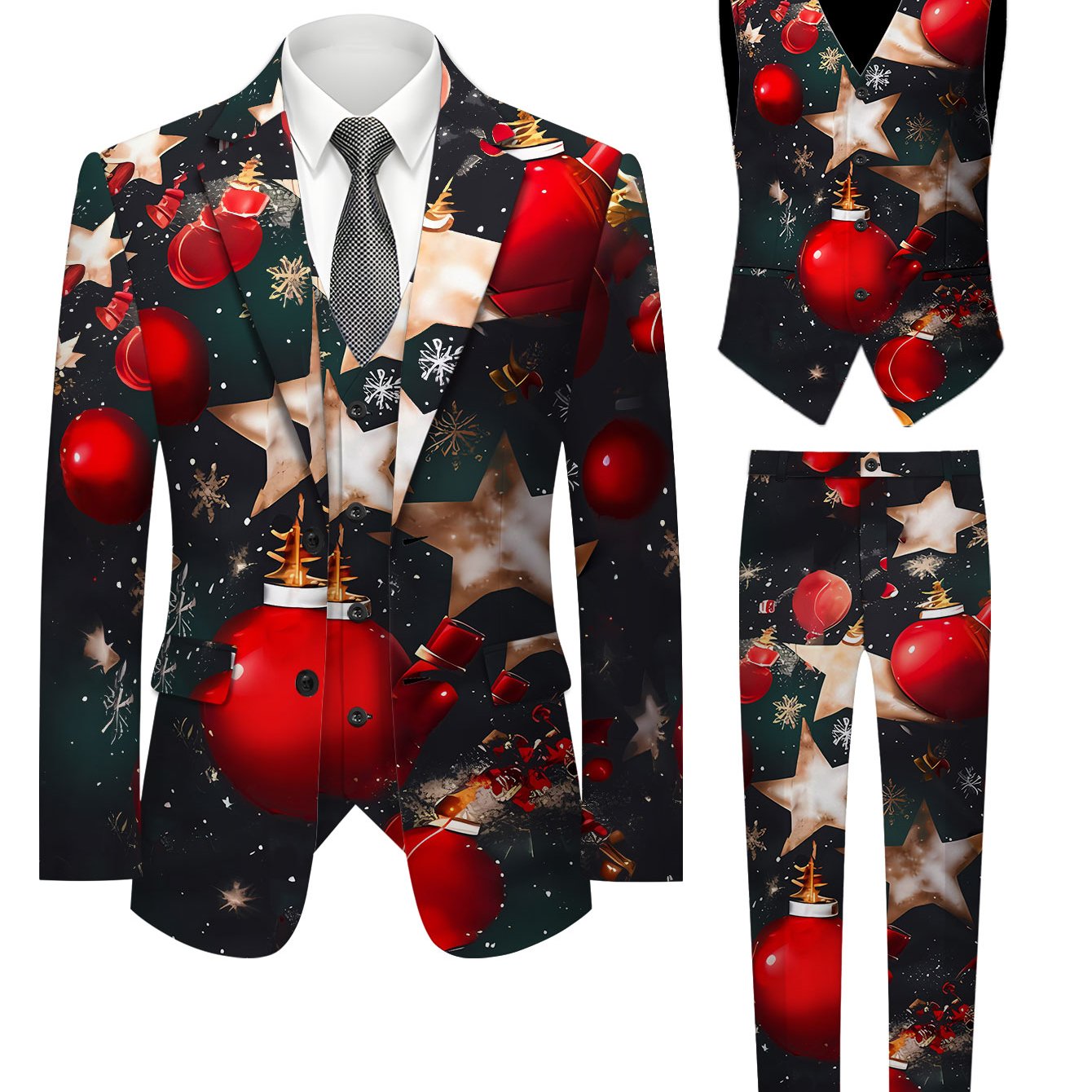 TEMU Men's 3pcs Suit Set: Jacket   Vest   Trousers, Business Suit Set, Classic Banquet Wedding Party Men's Suit With Christmas Elements