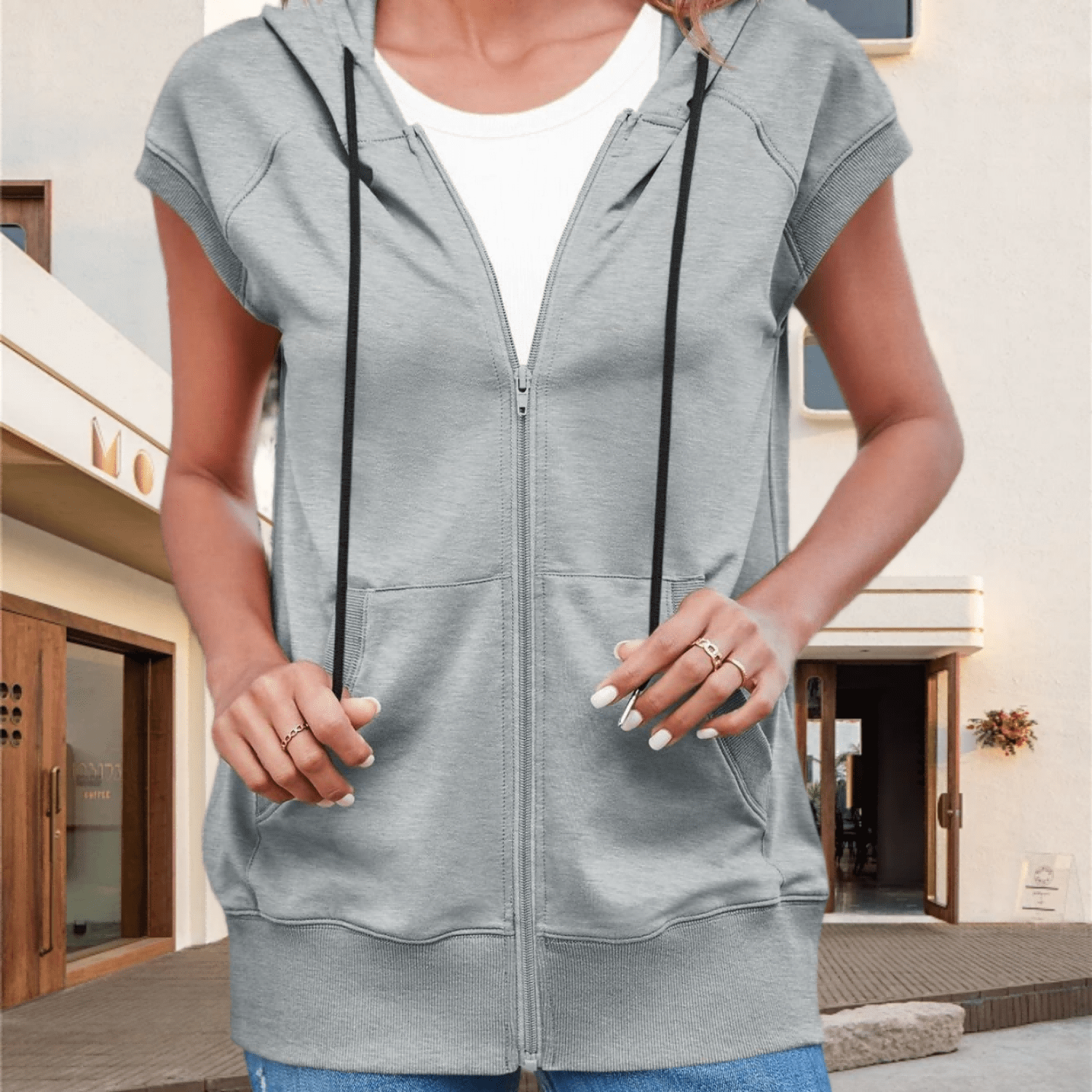 Image of Women's Casual Sleeveless Zip Up Hooded Vest Drawstring Lightweight Loose Fit Sweatshirts With Pockets