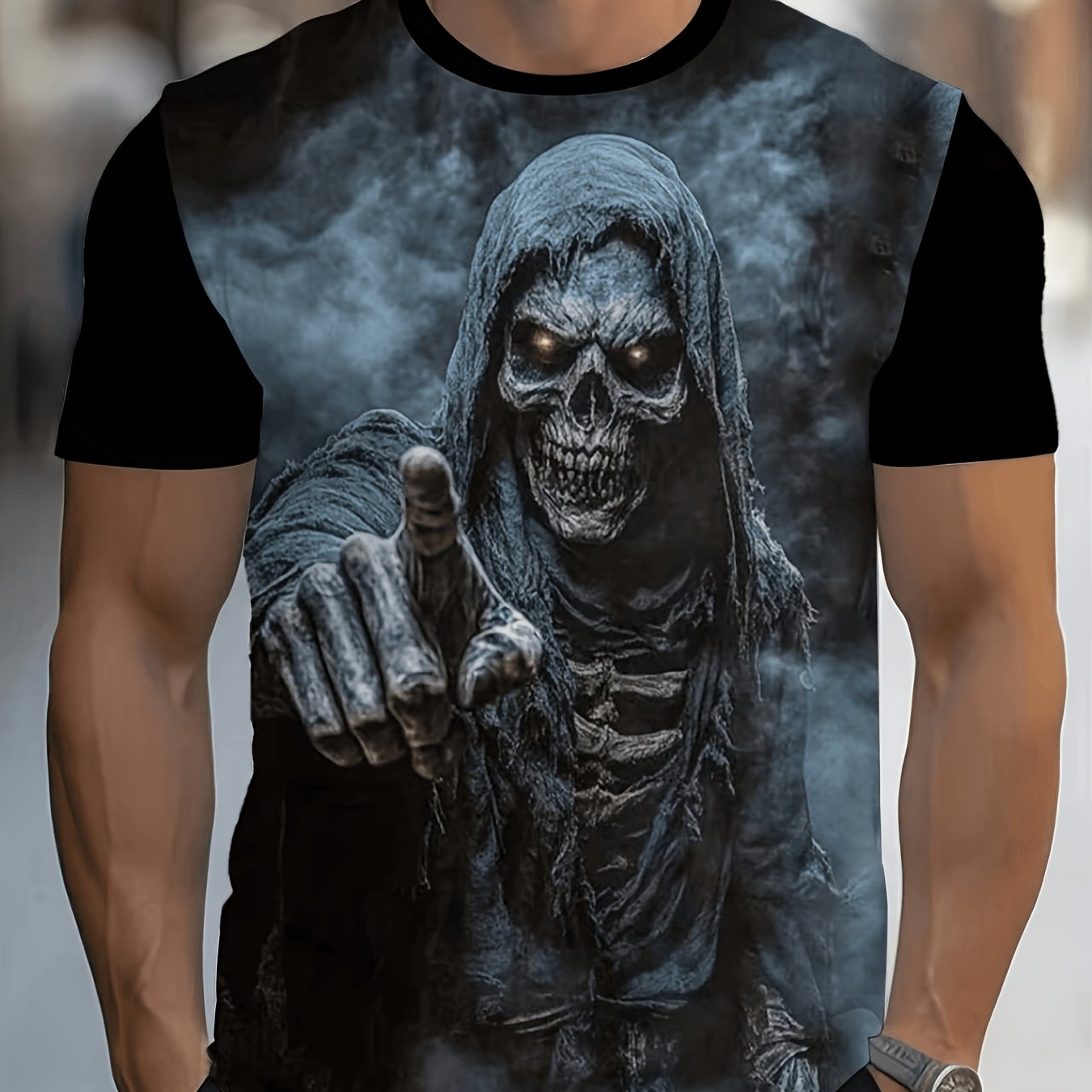 TEMU Men's Reaper Graphic T-shirt - Unique Short Sleeve Party Tee, Perfect For Halloween And Horror Fans, Comfortable Regular Fit, Stretch, Dark Blue