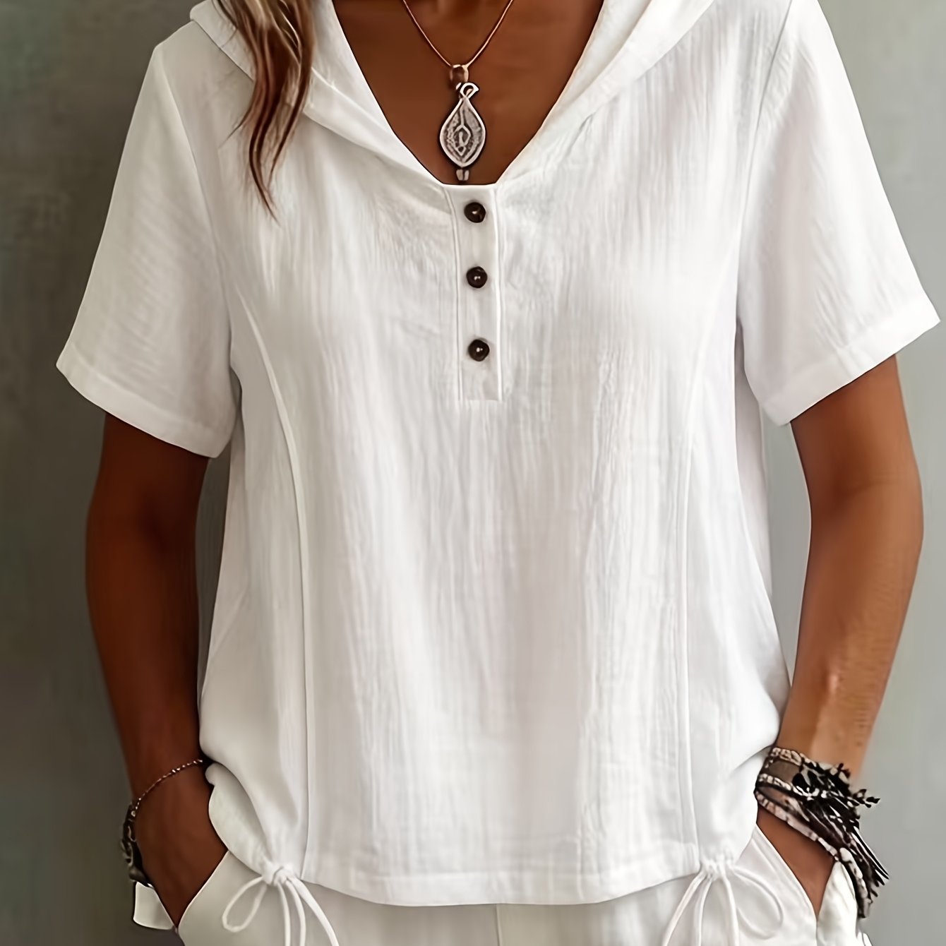 TEMU Plus Size, Qianji Ce Summer Women's Stylish Henley Collar Hooded Drawstring Top, Casual, Breathable, Comfortable, Elegant, Versatile Style