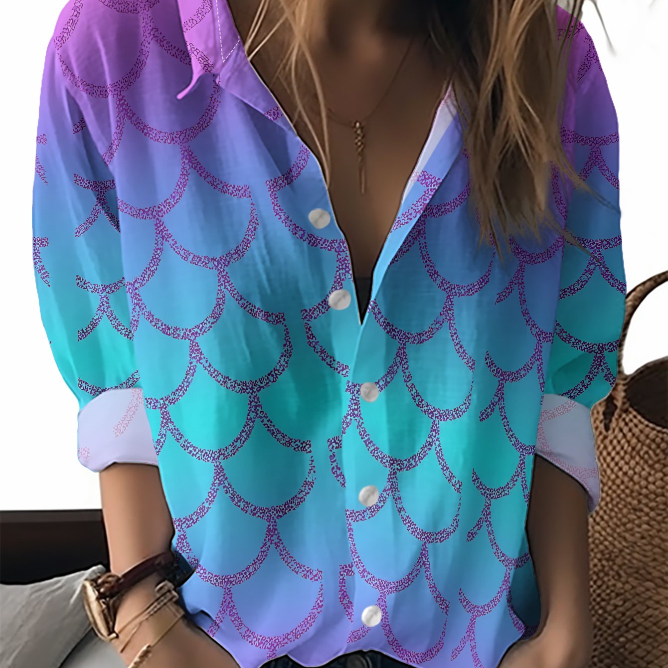 TEMU This New Women's Long-sleeve Shirt Features A Gradient Purple-blue Fish Scale Pattern That Sparkles With Tiny Lights. It's A Versatile Top