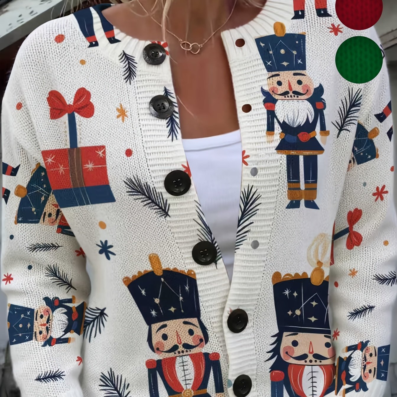 TEMU Christmas Women's Casual Button-up Cardigan - Nutcracker Soldier And Christmas Gift Print Design, Festive Holiday Atmosphere, Round Neck, Long