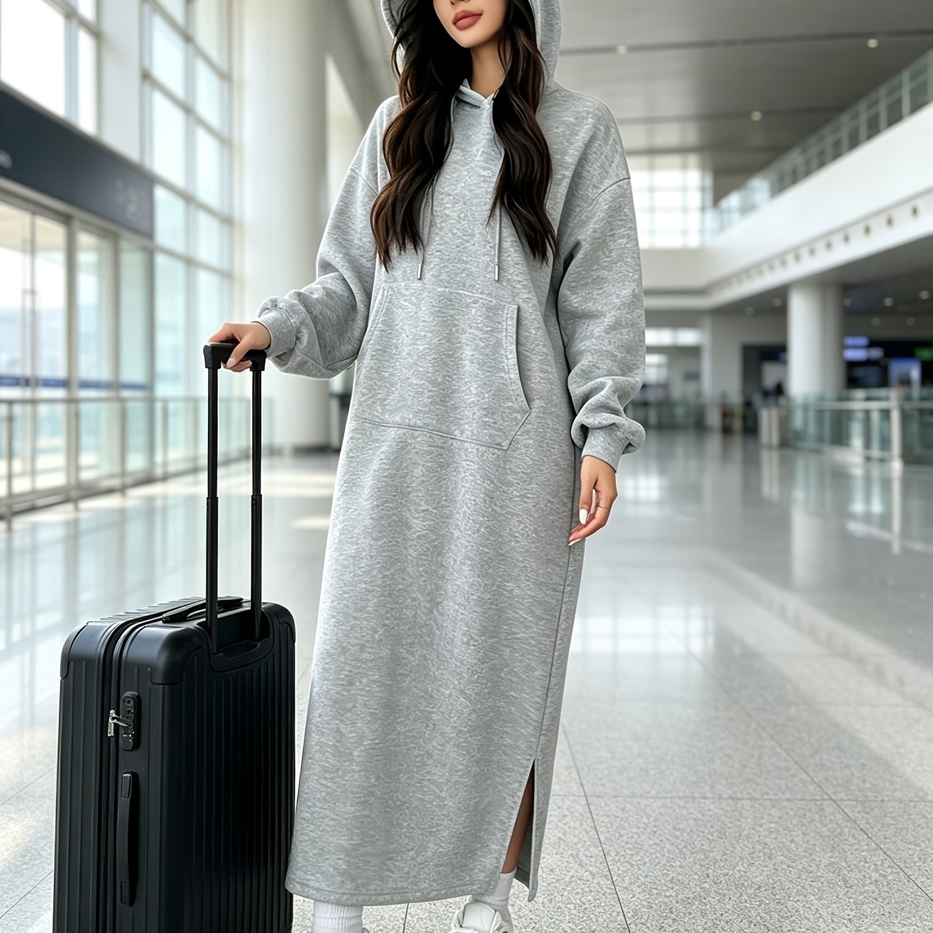 TEMU Vestito felpa invernale da donna con cappuccio , , spacchi laterali, a marsupio, vestibilit� , abbigliamento casual da casa i