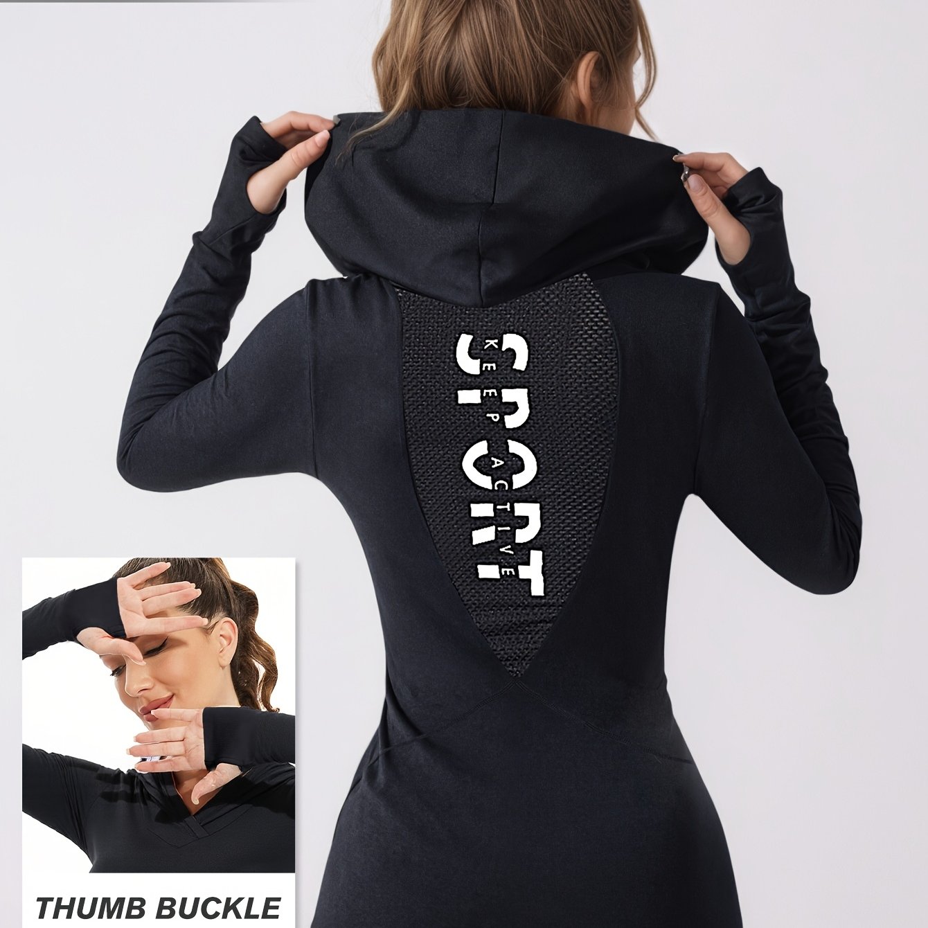 Image of Women's Sports Hooded Yoga Long-sleeve Sweatshirt Jacket, Slim-fit Flattering Long-sleeve Hoodie With Thumb Holes, Breathable Casual Spliced Mesh Outerwear, Quick-dry Fitness V-neck Hooded Sweatshirt