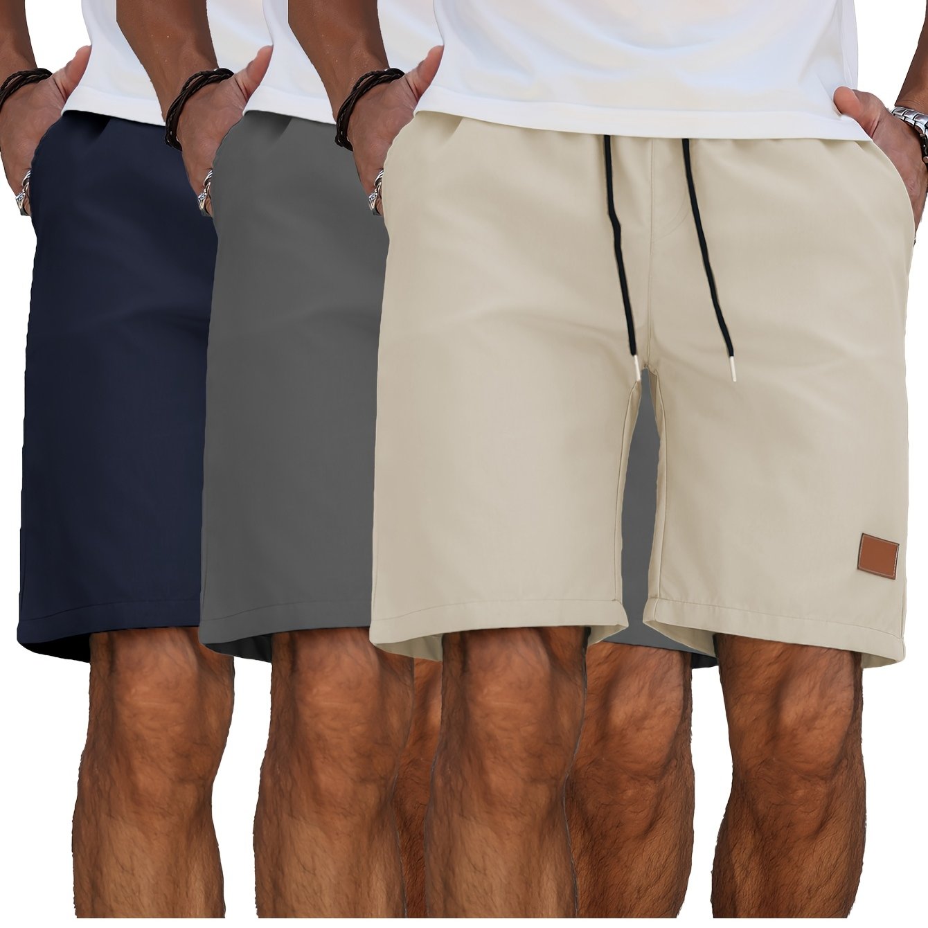 TEMU Men's 3pcs Athletic Shorts - Summer Casual Drawstring Shorts In Black, Beige & Gray, Non-stretch Fabric, Golf And Beach Holidays, Casual