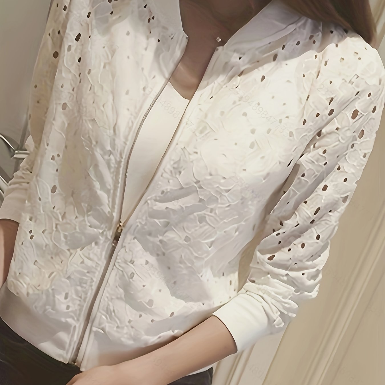 Image of Summer Style Slim Fit Hollow Out Lightweight Short Jacket Zipper Cardigan Long Sleeved Sunscreen Clothes For Women