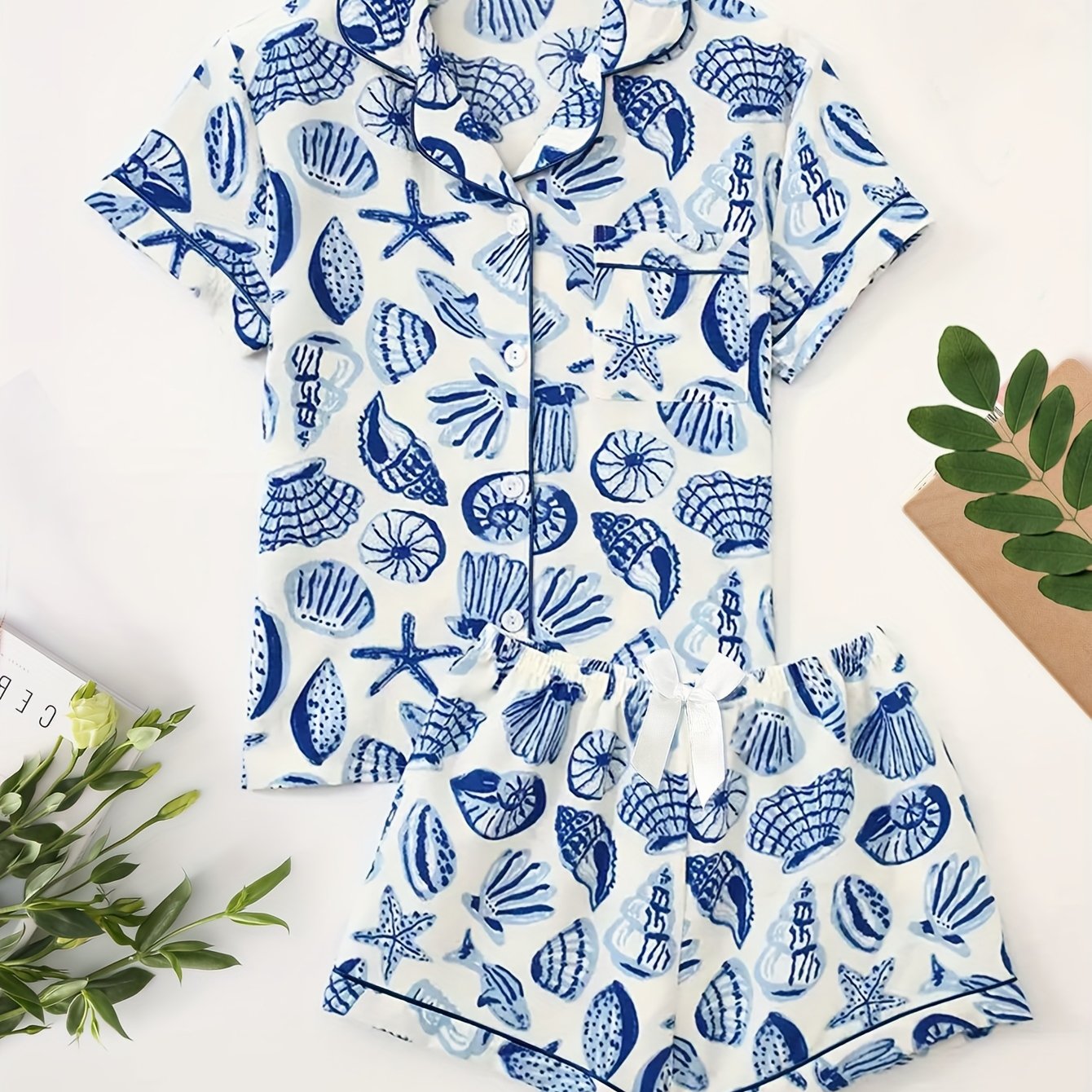 TEMU Summer Shell Print Women's Pajama Set, Button- Collar Short Sleeve And Shorts, Wear