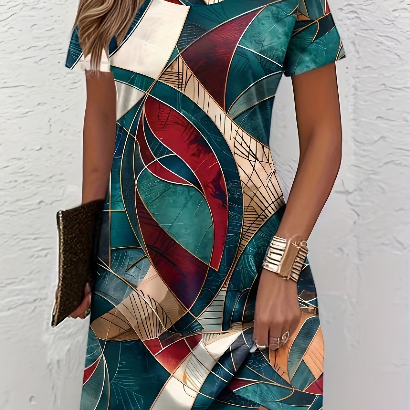 E-shop Damenmode Kleid mit geometrischem Druck, elegantes lässiges Rundhals-Pullover-T-Shirt-Kleid