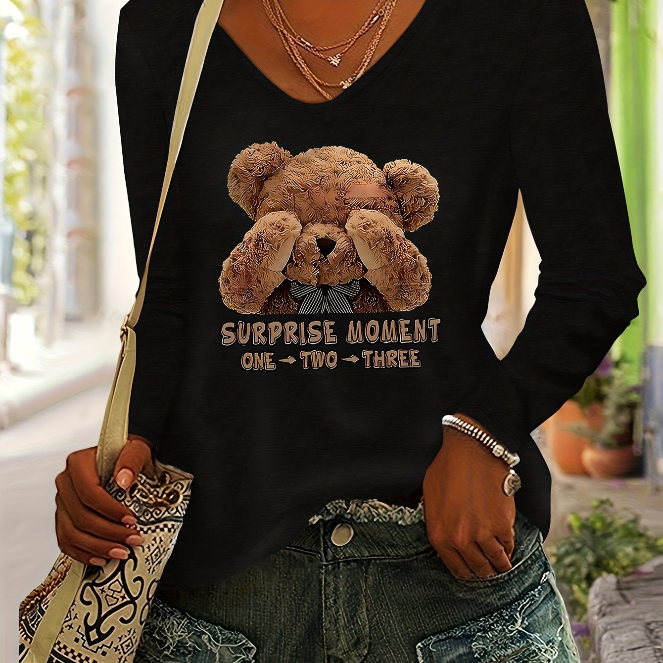 TEMU Cute Bear Print Women's Autumn/winter Top, Daily Versatile Casual Fashion Colored V-neck Long Sleeve T-shirt