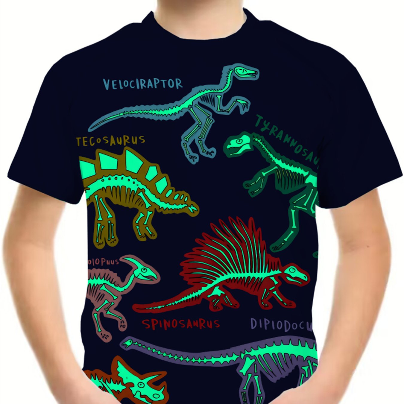 TEMU Fun Fluorescent Dinosaur T-shirt For Boys, Novelty O-neck Short Sleeve Children's Clothing, Trend Item For Spring/summer, Boys' Homewear,