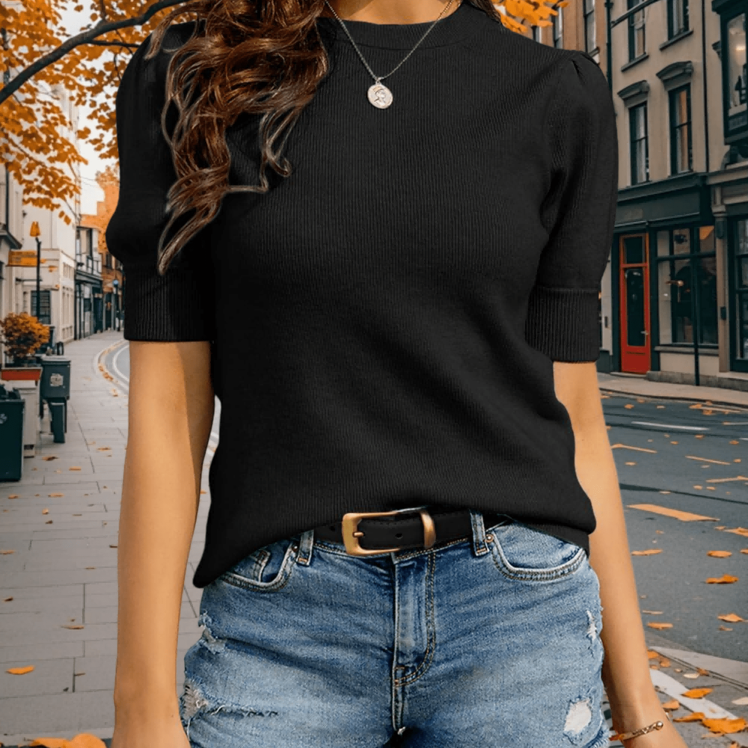 Women's Spring Summer Solid Ribbed Top | Puff Short Sleeve V Neck Loose Casual Daily Sweater