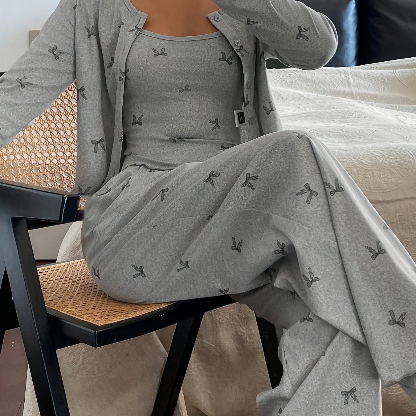 E-shop Frühling/Sommer Schleifen-Print Pyjama-Set, Damen Langarm-Camisole Hose Loungewear 3-teiliges Set