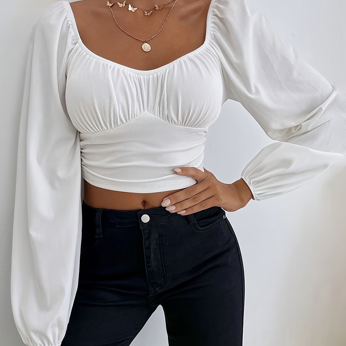 Image of 2025 European And American Cross-border Square Neck Navel-baring Lantern Sleeve Temperament Short Top Women' Color Slim Fit Elastic Women's Base T-shirt 1pc