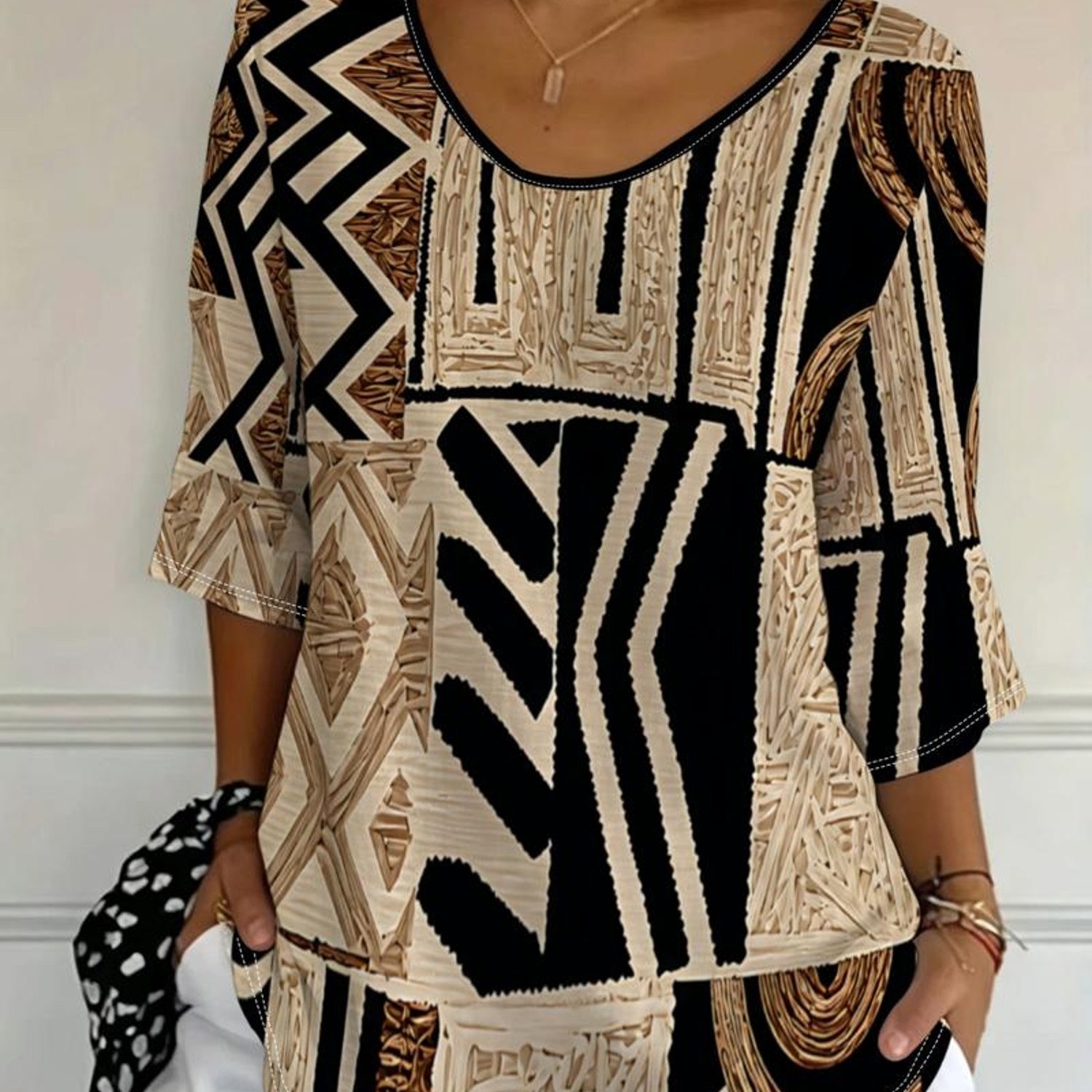 TEMU Plus Size - [printed Design-not Textured] Plus Size Women's Top, Mixed Colors, Multi-sizes , Tribal Geometric Pattern, Fashionable Ethnic Style,