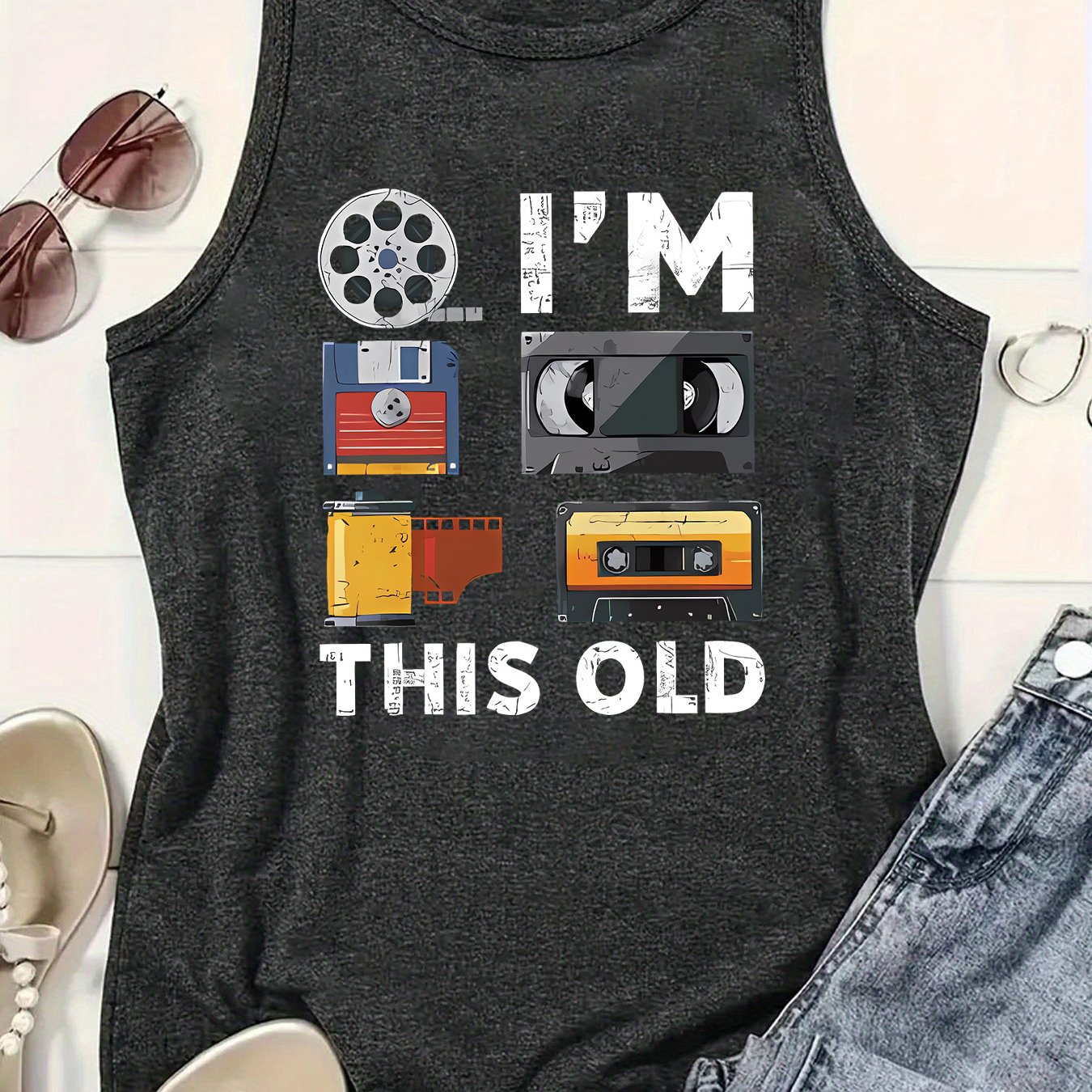 Women's Retro "i'm This Old" Vintage Sleeveless Top - Sleeveless Crew Neck Tank Shirt With -line Regular Fit, Machine Washable Summer Style Suitable For Daily Wear & Casual Outfits
