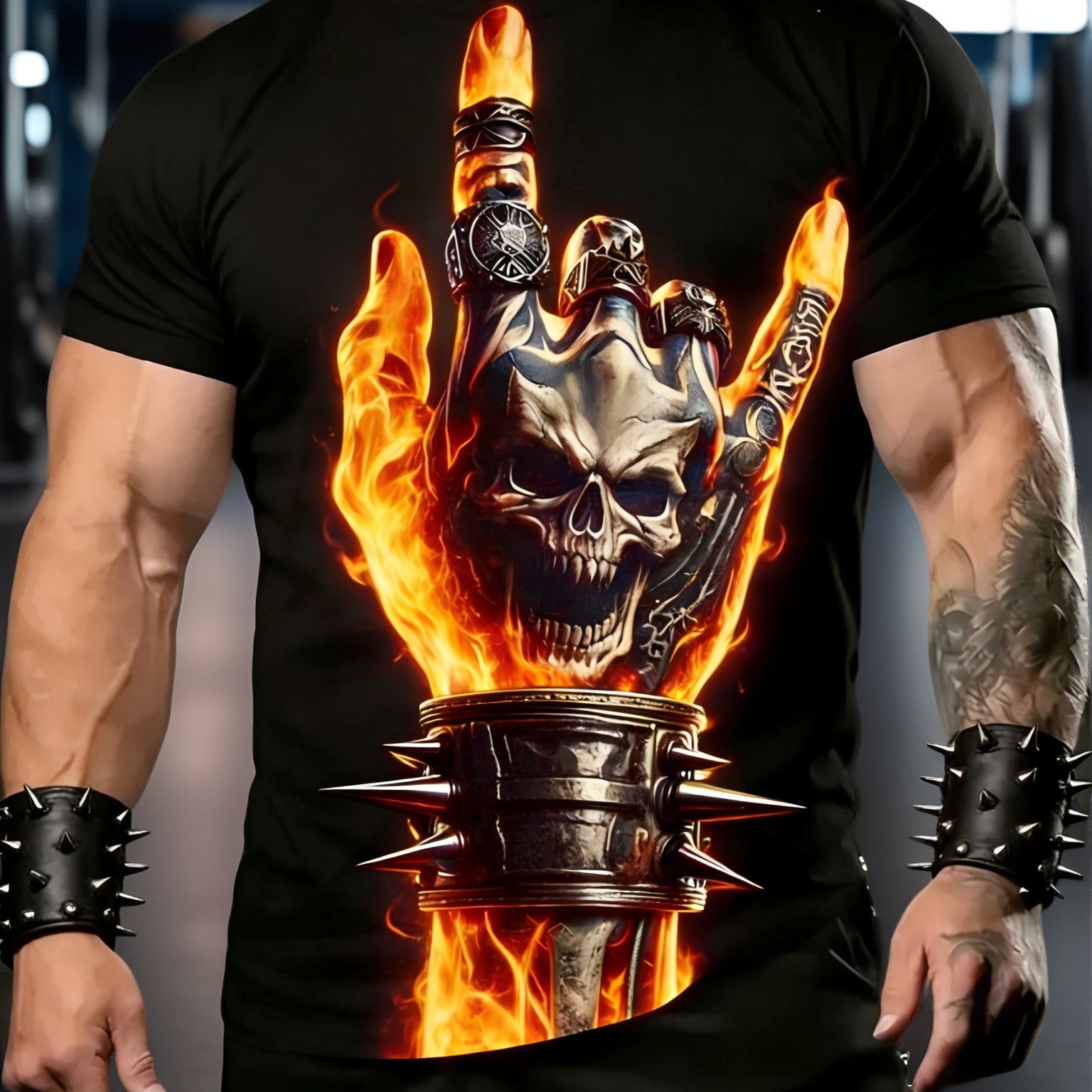 TEMU [printed Design â Not Textured] Men's Short Sleeve T-shirt, Flame Skull   Rock Hand Gesture   Studded Wristbands   Runes, Hardcore Heavy ,