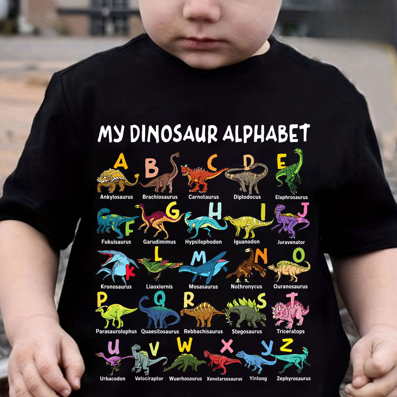 Image of Summer New Stylish Boys' T-shirt Featuring A Cartoon Dinosaur Print With The Words 'my Dinosaur Alphabet'